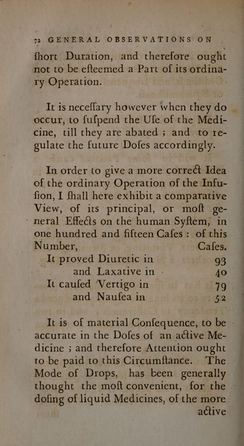 fhort Duration, and therefore ought not to be efteemed a Part of its ordina- ry Operation. | It is neceffary however when they do | occur, to fufpend the Ufe of the Medi- cine, till they are abated ; and to re- gulate the future Dofes accordingly. In order to give a more correct Idea of the ordinary Operation of the Infu- fion, I fhall here exhibit a comparative Spee of its principal, or moft ge- neral Effects on the human Syftem, in one hundred and fifteen Cafes : of this Number, . Cafes. It proved Diuretic in — Age and Laxative in . 4O It caufed Vertigo in © 79 | and Naufea in Lam It is of material Confequence, to be accurate in the Dofes of an active Me- dicine ; and therefore Attention ought to be paid to this Circumftance. ‘The Mode of Drops, has been generally | thought the moft convenient, for the — dofing of liquid Medicines, of the more active