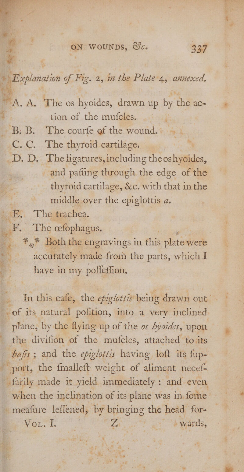 © Explanation of Fig. 2, in the Plate'4, annexed. : «) ay. A.A. The os hyoides, drawn up by the ac- : tion of the mufcles. | ‘B: B. The courfe ef the wound. + . C.C.. The thyroid cartilage. joe _D. D. The ligatures, including the oshyoides, and pafling through the edge of the thy roid cartilage, &amp;c. with that in the middle over the epiglottis a. | wy The trachea. ir... The cefophagus. « “dcetidtel) made from the parts, which I Be , : have in my poffeifion. i: of its natural pofition, into a very inclined plane, by the flying up of the os hyoides, upon. the divifion. of the mufcles, attached to its bafi s; and the epig/ottis having loft its fup- port, the fmalleft weight of aliment necef- -meafure leffened, by bringing the head for- Pit. oe Saga’ ae wards, —_ aE Be Cae