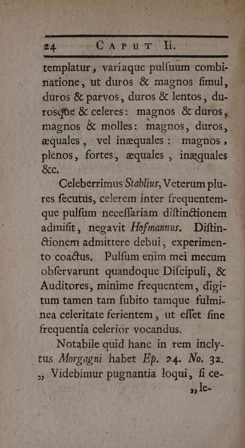 nàtione, ut duros &amp; magnos fimul, duros &amp; parvos, duros &amp; lentos, du- rosqhe &amp; celeres: magnos &amp; diibs 4 magnos &amp; molles: magnos, duros, equales, vel inequales: magnos, plenos, fortes, aequales , inzquales &amp;c. | Celeberrimus Stablius, Veterum plu- res fecutus, celerem inter frequentem- que pulfüm neceffariam diftin&amp;dtionem admifit, negavit Hofmannus, Diftin- &amp;ionem admittere debui, experimen- to coactus, Pulfüm enim mei mecum obfervarunt quandoque Difcipuli, &amp; Auditores, minime frequentem, digi- tum tamen tam fubito tamque fulmi- nea celeritate ferientem , ut effet fine frequentia celerior vocandus. Notabile quid hanc in rem incly- tus Morgagni habet Ep. 24. No. 32. » Videbimur pugnantia loqui, fi ce- | » le-