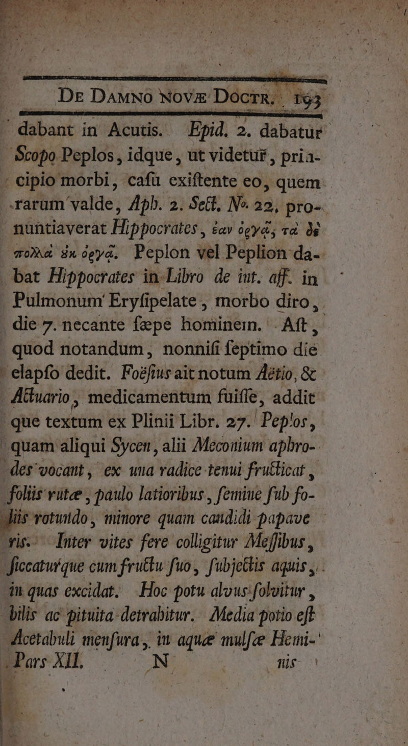 - Scopo Peplos , idque , ut videtur , pria- : cipio morbi, cafü exiftente eo, ; quem nuntiaverat Hifipocfátes, tav ógyés vd ds . bat Hippocrates in-Libro de iut. aff. in die 7. necante fepe hominein. . Aft, quod notandum, nonnifi feptimo die - elapfo dedit. Fodfius ait notum Zlétio, &amp; JAttuario , medicamefitum fuiffe, addit .que textum ex Plinii Libr. 27. Peplos, -des vocant, ex uua radice tenui frutticat , folis vutee , paulo latioribus , femiue fub fo- | P eset minore quam caudidi papave -Tuter. vites feve colligitur Meffibus , ! ji tps cum fruttu fuo, fubicttis aquis ,. in quas excidat. —.Hoc potu alvus fdelir, bilir ac pituita-detrabitur. | Media potio eft Aecetabuli menfura , iw aque anulfee Heini-: BesXH o — 0 ON. | üs H E. . | 4 d |