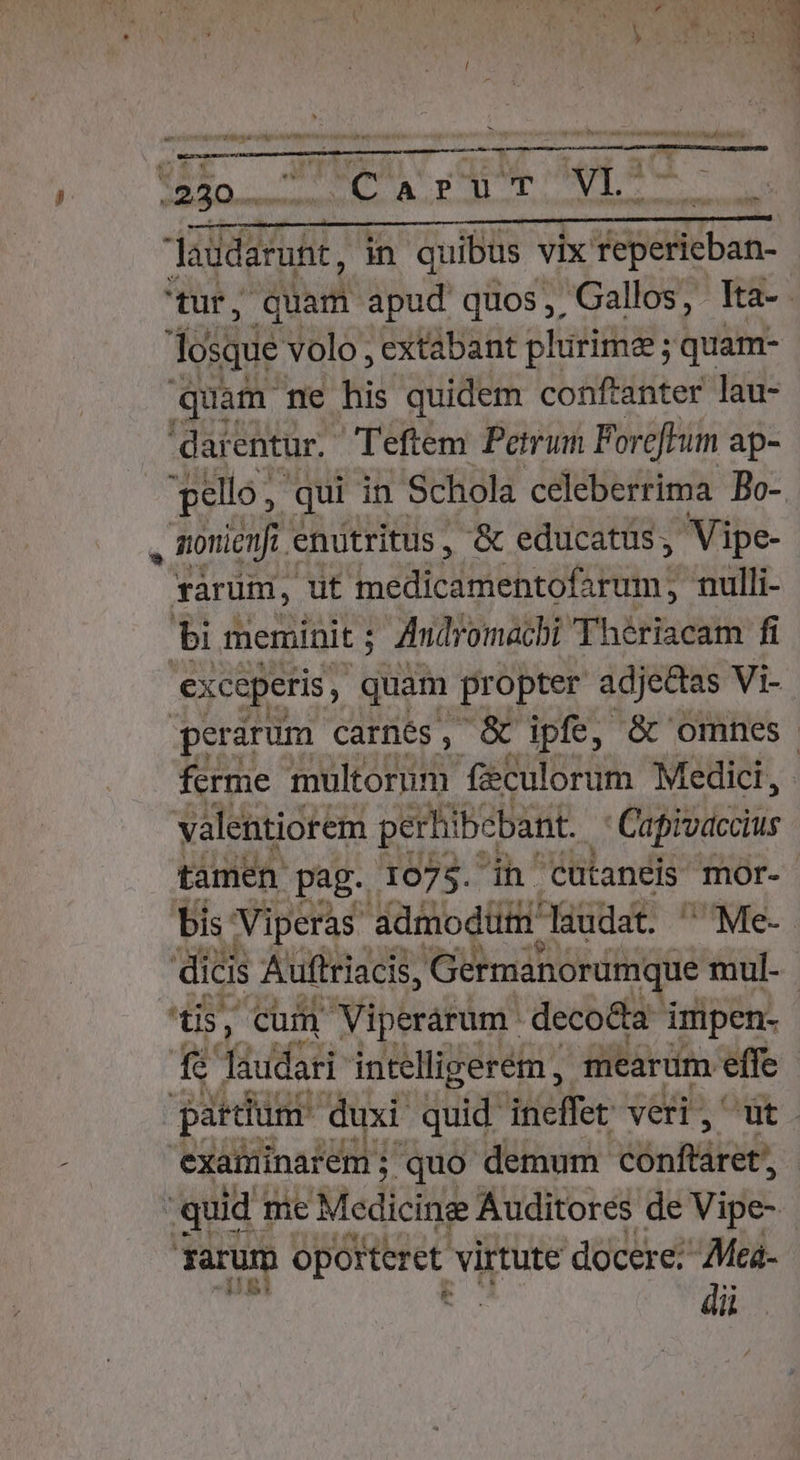 MHRENÉUSTTAYEG Jaudarunt, in quibus vix Nepiiban. quam me his quidem conftanter lau- dar entur. Teftem Petrum Forcffum ap- , noniénfi. i enutritus , &amp; educatüs, Vipe- rarum, ut medicamentofarum, nulli- bi meminit ; ; Andromacbi Theriacam fi ferme multorum f&amp;culorum Medici, valentiorem perhi ibebant. Cafivaccius bis Viperas. ddmodütii Jaudat. ^ Me- t5, cum Viperárum. decodta impen- Te Taudari intelligerém , mearum effe exaiminarem; quo demum éonfáree, j quid 1 me Medicing Auditores de Vipe- arum oporteret virtute docere; Mea- lj 5i t dii