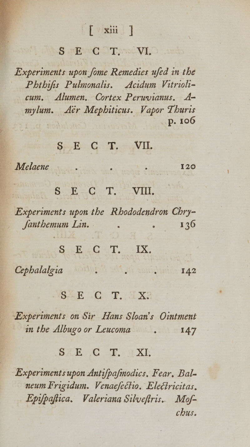 Hee has Ope Beware 16 Experiments upon fome Remedies ufed in the Phibifis Pulmonalis. Acidum Vitrioh~ cum, Alumen, Cortex Peruvianus, A- schiisan Aér Mephiticus. Vapor Thuris p. 106 Soop Be Go EpaegV Ib Melaene ; ; es ae a Borg eatin Experiments upon the Rhododendron Chry- Janthemum Lin. © . &lt;o 136 Sacer. Ax Cephalalgia Moe Mg aay 142 eee «Ge TF, Ke Experiments on Sir Hans Sloan's Ointment inthe Albugoor Leucoma 147 SAE C.F. ish Experiments upon Antifpafmodics, Fear, Bal- neum Frigidum. Venaefectio. Electricitas. Epypaftica. Valeriana Silveftris.. Mof- chus.