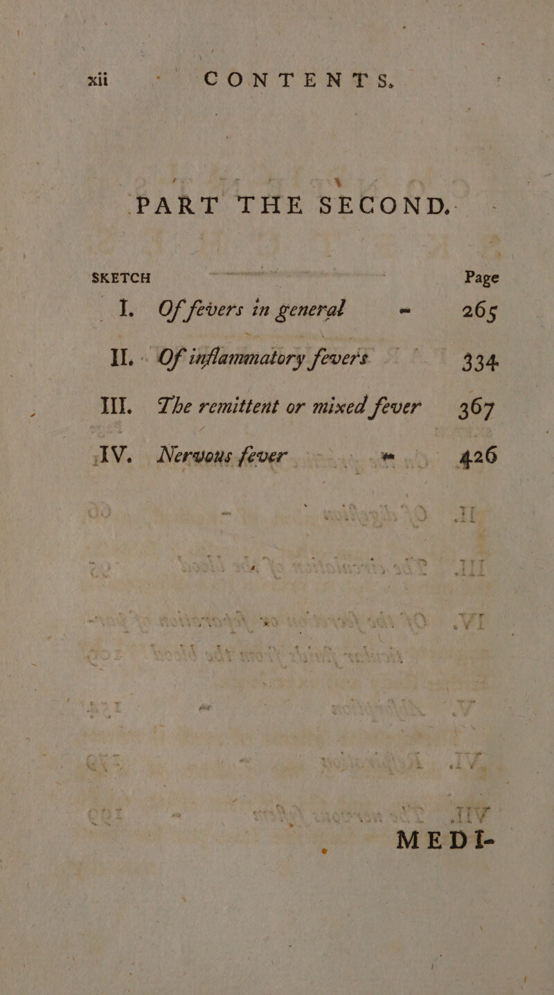 PART THE SECOND. SKETCH si aaa Page I, Of fevers in general oa IL, &lt; WP Mlanhmalbryl fwierE PT aoe Il. The remittent or mixed fever 367 IV. Nervous fever 426