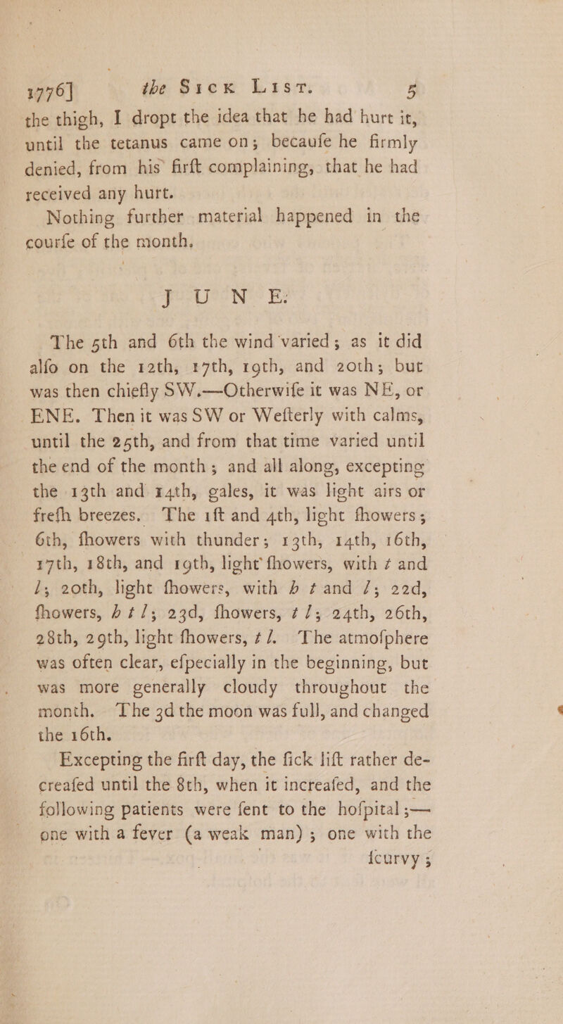 the thigh, I dropt the idea that he had hurt it, until the tetanus came on; becaufe he firmly denied, from his’ firft complaining, that he had received any hurt. Nothing further material happened in the courfe of the month, | Puen © By The sth and 6th the wind varied; as it did alfo on the 12th, ryth, rgth, and 2oth; but was then chiefly SW.—Otherwife it was NE, or ENE. Then it was SW or Wefterly with calms, until the 25th, and from that time varied until the end of the month; and all along, excepting the 13th and r4th, gales, it was light airs or frefh breezes. The ift and 4th, light fhowers,; 6th, fhowers with thunder; 13th, 14th, 16th, r7th, 18th, and roth, light fhowers, with ¢ and /; 2oth, light fhowers, with 4 ¢ and /; 22d, fhowers, bt /; 23d, fhowers, ¢/; 24th, 26th, 28th, 29th, light fhowers, ¢/, The atmofphere was often clear, efpecially in the beginning, but was more generally cloudy throughout the month. The 3d the moon was full, and changed the 16th. Excepting the firft day, the fick lift rather de- creafed until the 8th, when it increafed, and the following patients were fent to the hofpital ee one with a fever (a weak man); one with the {curvy 5