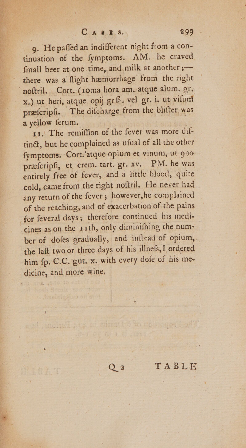 Cases. 999 g. He paffed an indifferent night from a con- tinuation of the fymptoms. AM. he craved. {mall beer at one time,.and milk at another ;— there was a flight hemorrhage from the right x.) ut heri, atque opij gr. vel gr. i, ut vilunt prefcripfi. The difcharge from the blifter was a yellow ferum. ae 11. The remiffion of the fever was more dif- tinét, but he complained as ufual of all the other fymptoms. Cort.’atque opium et vinum, ut 970 prefcripfi, et, crem, tart. gr. xv. PM. he was. entirely free of fever, and a little blood, quite cold, came from the right noftril. He never had any return of the fever; however,he complained of the reaching, and of exacerbation of the pains ber of dofes gradually, and inftead of opium, - the laft two or three days of his illnefs,1 ordered him fp. C.C. gut. x. with every dofe of his me- Q2 TABLE