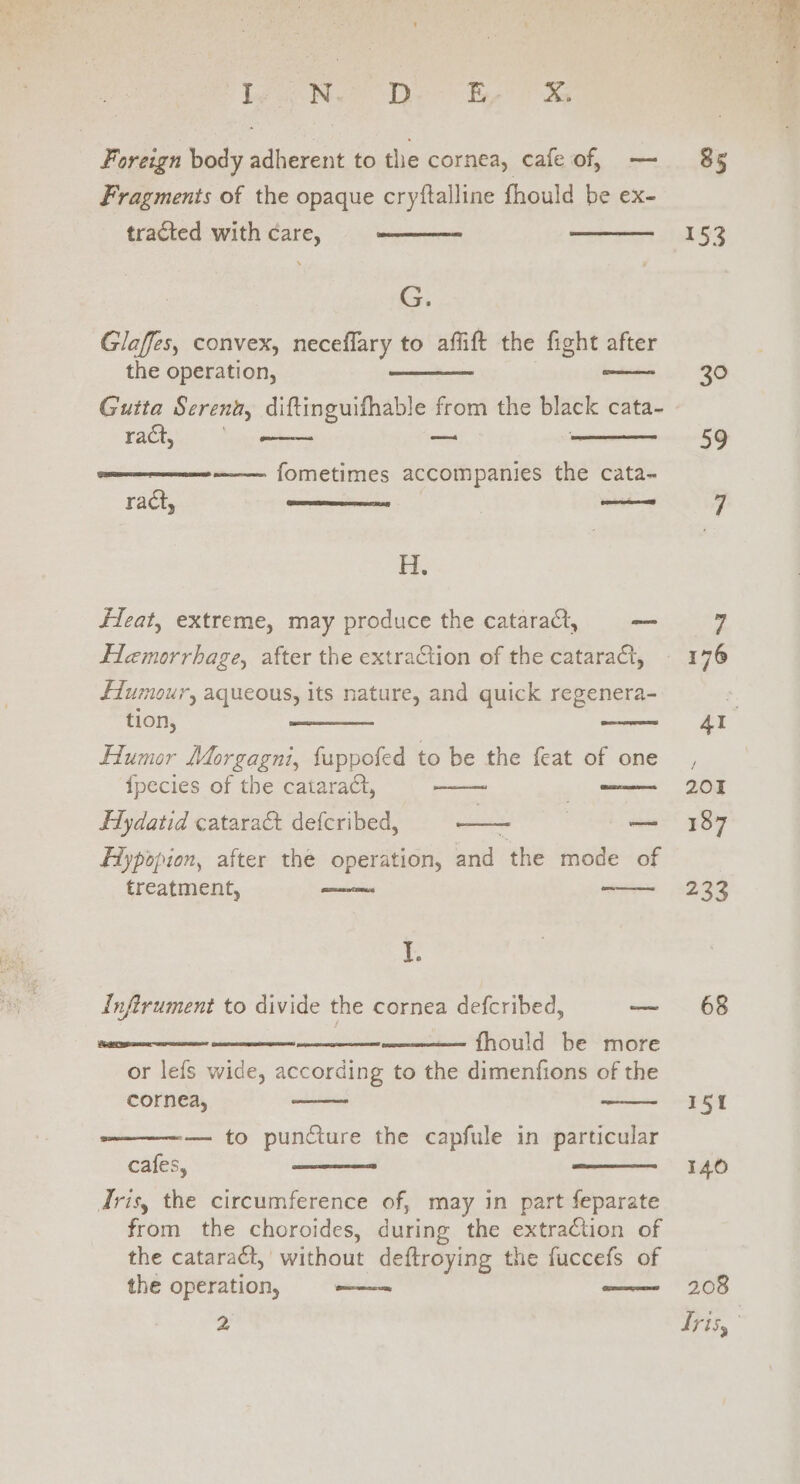 Foreign body adherent to the cornea, cafe of, — Fragments of the opaque cryftalline fhould be ex- tracted with care, G. Glaffes, convex, neceffary to affift the fight after the operation, ween we Gutta Serena, diftinguifhable from the black cata- rach, i rea fometimes accompanies the cata- ract, See AE teamed H. Hleat, extreme, may produce the catarat, — Hemorrhage, after the extraCtion of the cataraQ, Humour, aqueous, its nature, and quick regenera- tion, Humor Morgagni, fuppofed to be the feat of one {pecies of the cataract, LHydatid cataract defcribed, flypopion, after the operation, and the mode of treatment, eocrcenes ° comer 7 Inftrument to divide the cornea defcribed, —_ —- fhould be more or lefs wide, according to the dimenfions of the cornea, ————-—— to puncture the capfule in particular cafes, Tris, the circumference of, may in part feparate from the choroides, during the extraction of the cataraét, without deftroying the fuccefs of the operation, ee ee a 85 153 39 68 151 140 208 Tris,