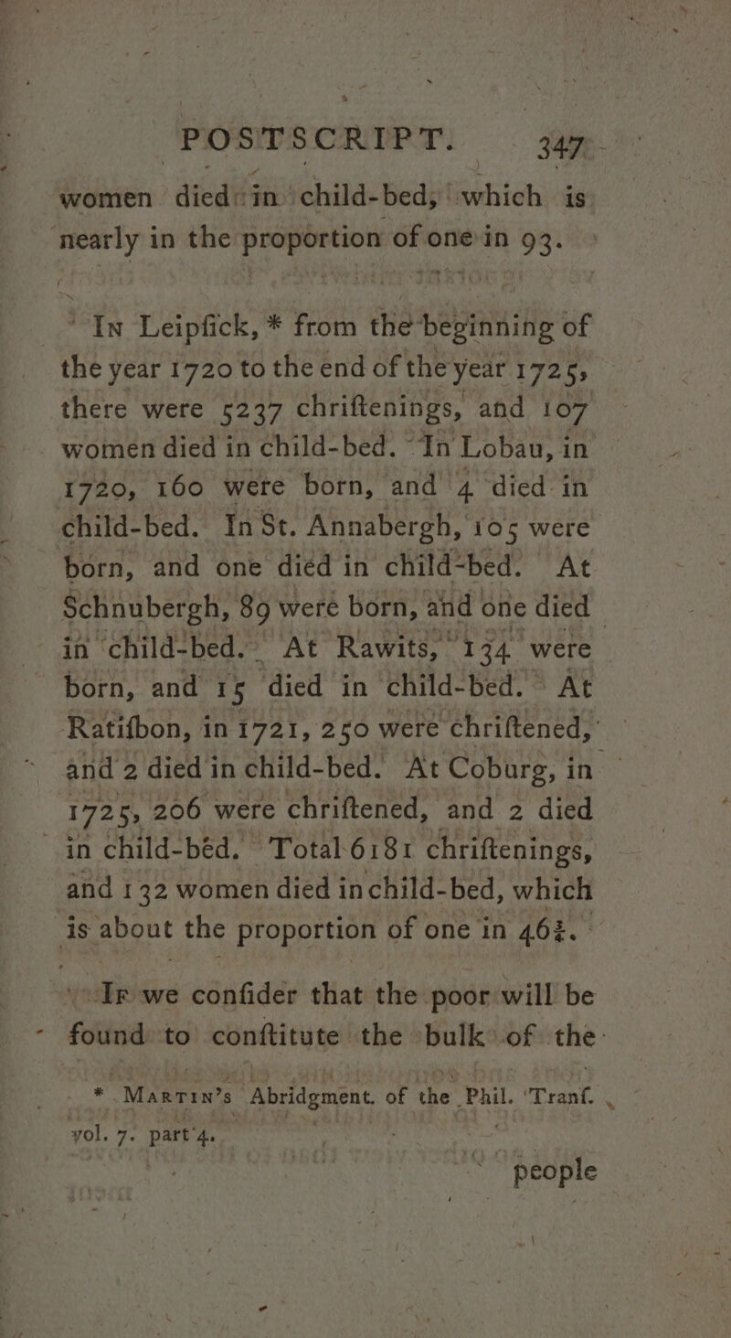 women dite in child- bed, | which is ‘nearly in the proportion of one in 93. In Leipfick, * from the beginning of the year 1720 to the end of the year 17255 there were 5237 chriftenings, and 107 : - women died in child-bed. “In Lobau, in 1720, 160 were born, and’ 4 died in child-bed. In St. Annabergh, 105 were born, and one died in child~bed. At Schnubergh, 89 were born, and one died | in ‘child-bed. At Rawits, 134 were born, and 15 Tigi in child- bed. At Ratifbon, 1 in 1721, 250 were chriftened, and 2 died in child-bed. At Coburg, in 1725; 206 were chriftened, and 2 died in child- bed. Total-618r chriftenings, and 132 women died inchild-bed, which is about the proportion of one in 462. Ir we confider that the poor will be . found to conftitute the bulk of the: Rit m MAR, 8 Abridgment of the Phil. Pranl ¢ yol. 7 ae | : . - og ate we