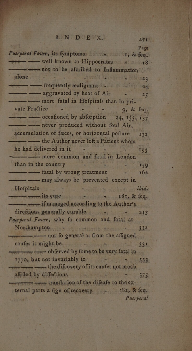 - Page —-— —— well known to Hippoerates « 13 —— —— not to be aferibed to sagem : alone ter Peet eae Se Bit . 23 ——— —— frequently aedlivas HE RC TOD seni —— —— aggravated by heat of Air - 25 more fatal in Hofpitals than in pri- vate Praétice 2 2 Pt 9, &amp; feq. never produced without fou] Air, accumulation of feces, or horizontal pofture 132 the Author never loft.a Patient whom he had eatie © ry a ae “ - 153 more common and fatalin London — than in the country Saget - 159 fatal by wrong treatment - 162. —— may always be prevented except in Jeske aia . - - tbids —— = its. cure - ~, .¥85,.&amp; feq. ——~ +&gt; ifmanaged according to the Author’s directions, generally curable = Mel con al Puerperal Fever, why fo common and fatal at Northampton - 4  . 332 pe not fo general as from the afligned caufes it might. be - - aot to oak OTTO ZT obferved by fome to be very, fatal in 1770, but not invariably fo - - 335 ss — the difcovery of its caufes not much aflifted by diffedtions - - - 375 — ——— tranflation of the difeate to the ex-