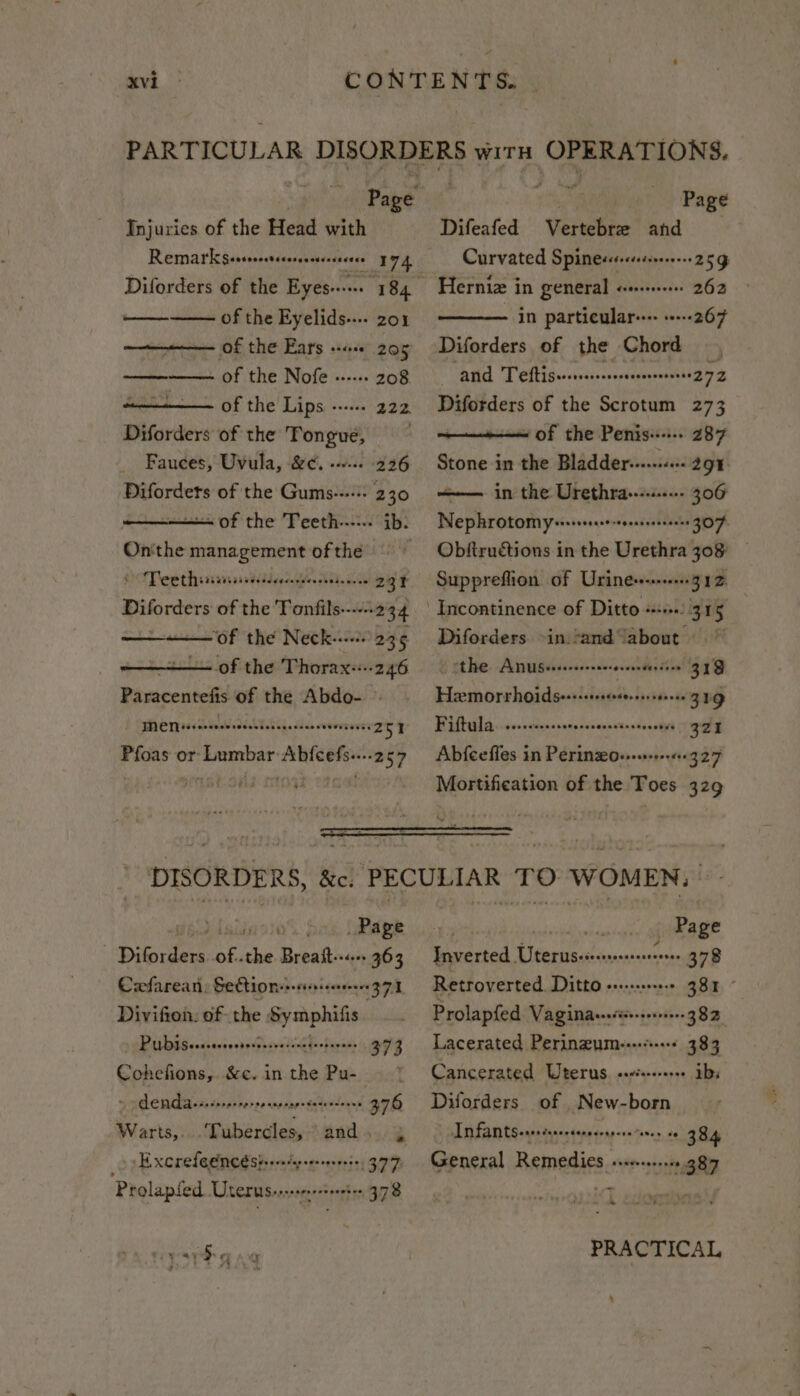 A | Pape : Page Injuries of the Head with Difeafed.’ Verebee and Remark serrrvervecerserseeseceee 174 Curvated Spinessrreee. ae 25g Diforders of the Eyes--» 184 Herniz in general «s+ 262° of the Eyelids... zox in particular... «-.- 267 of the Ears +. 205 Diforders of the Chord enietetimmnten OF THE INOLE \stseee 208 . ‘and TCR iseoseserccorseccevovesete 272 of the Lips ---... 222 Diforders of the Scrotum 273 Diforders of the Tongue, of the Penis--.... 287 Fauces, Uvula, &amp;¢. +... 226 Stone in the Bladder......«. 294. Diforders of the Gums)’ 30 in the Urethra---....- 306 tt of the Peeths:.. ib. Nephrotomy-.++. Keyepnck sabia 307 Onthe management ofthe = Obftruétions in the Urethra 308 OMMPloethrsatssstidicd he “231 Suppreflion of Uriness---+.. 312. ina of the Tonfils----.234 | Incontinence of Ditto shan GG ‘of the Neonisac 235 Diforders »in.’and about » of the Thorax--246 © ‘the Anusers--.-+. srvseserions 31 Q Paracentefis of the Abdo- Haemorrhoidsess-setersseee 219 TV CMiisscccecierccevicscccccacctevsveres 251 Fiftula oeene Meeecererccscectsceeveese | BZ E Pfoas or- Spr cania nig reait 257 Abfeeffes in Perinzo....-.-. 1327 43 _ Mortification of the Toes 329 jaoios bas, age Deu 2 the Breatt--«.. 363 Crfarean: Section-+cer een 37 Divifion. of the Symphifis si bak adh cvcecnescesvedog feofereks 373 Cohefions, &amp;c. in a Pu-_ y CRE chatenck corse anpdepotutevtoina 376 Warts,...‘Tubercles, ° and 2 Excrefeencesirredayeeeerseete, 377: Prolapfed ULersernserereteertee 378 paisa Page Inverted Uterusesesr ral 378 Retroverted. Ditto -++-:s+++-+ 48a, Prolapfed Vaginarrsisr-seresee. 382 Lacerated Perinzum:.-.-+-+ 383 Cancerated Uterus. soiree ib; Diforders of New-born Unfants-rreeereereee ee er te 384 General Remedies +++... 389 PRACTICAL 4
