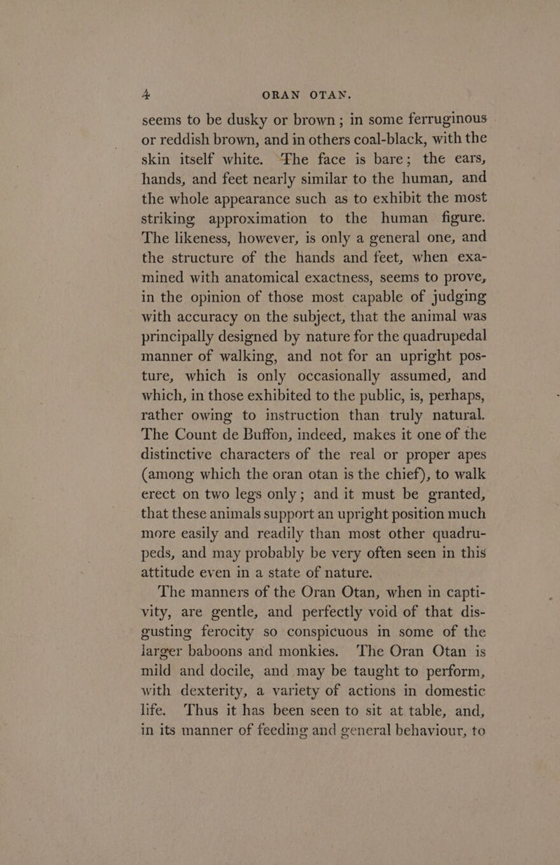 seems to be dusky or brown; in some ferruginous or reddish brown, and in others coal-black, with the skin itself white. “Fhe face is bare; the ears, hands, and feet nearly similar to the human, and the whole appearance such as to exhibit the most striking approximation to the human_ figure. The likeness, however, is only a general one, and the structure of the hands and feet, when exa- mined with anatomical exactness, seems to prove, in the opinion of those most capable of judging with accuracy on the subject, that the animal was principally designed by nature for the quadrupedal manner of walking, and not for an upright pos- ture, which is only occasionally assumed, and which, in those exhibited to the public, is, perhaps, rather owing to instruction than truly natural. The Count de Buffon, indeed, makes it one of the distinctive characters of the real or proper apes (among which the oran otan is the chief), to walk erect on two legs only; and it must be granted, that these animals support an upright position much more easily and readily than most other quadru- peds, and may probably be very often seen in this attitude even in a state of nature. The manners of the Oran Otan, when in capti- vity, are gentle, and perfectly void of that dis- gusting ferocity so conspicuous in some of the larger baboons and monkies. ‘The Oran Otan is mild and docile, and may be taught to perform, with dexterity, a variety of actions in domestic life. Thus it has been seen to sit at table, and, in its manner of feeding and general behaviour, to