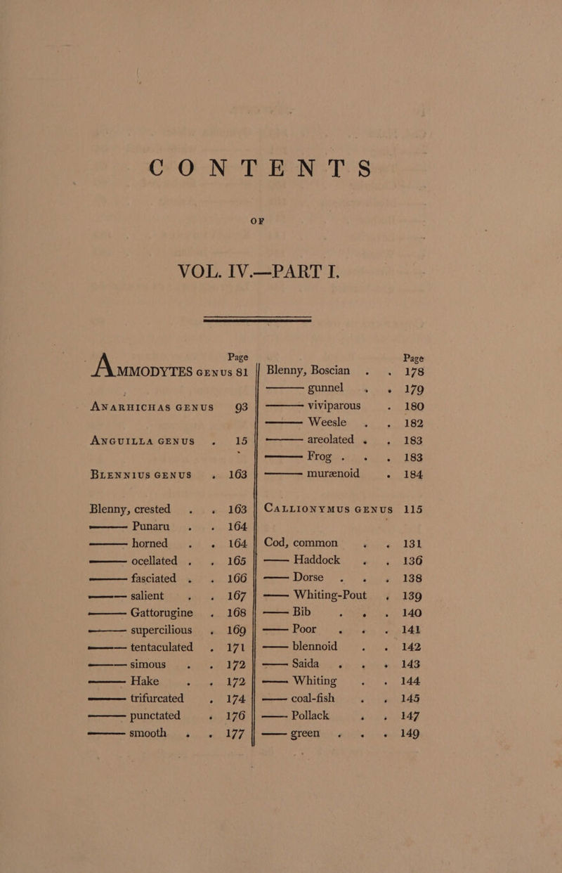 Page MMODYTES cewnus 81 ANARHICHAS GENUS 93 ANGUILLA GENUS . 15 BLENNIUSGENUS . 163 Blenny, crested . . 163 Ponaret..,. 2.164 horned . . 164 ocellated . . 165 fasciated . . 166 ——— salient etn ce LOZ Gattorugine . 168 supercilious . 169 o—— tentaculated . 171 ———simous . . 172 —— Hake sehen deg trifurcated «174 punctated - 176 BOON a ue AZZ Dorse Poor blennoid Saida coal-fish Pollack green e )