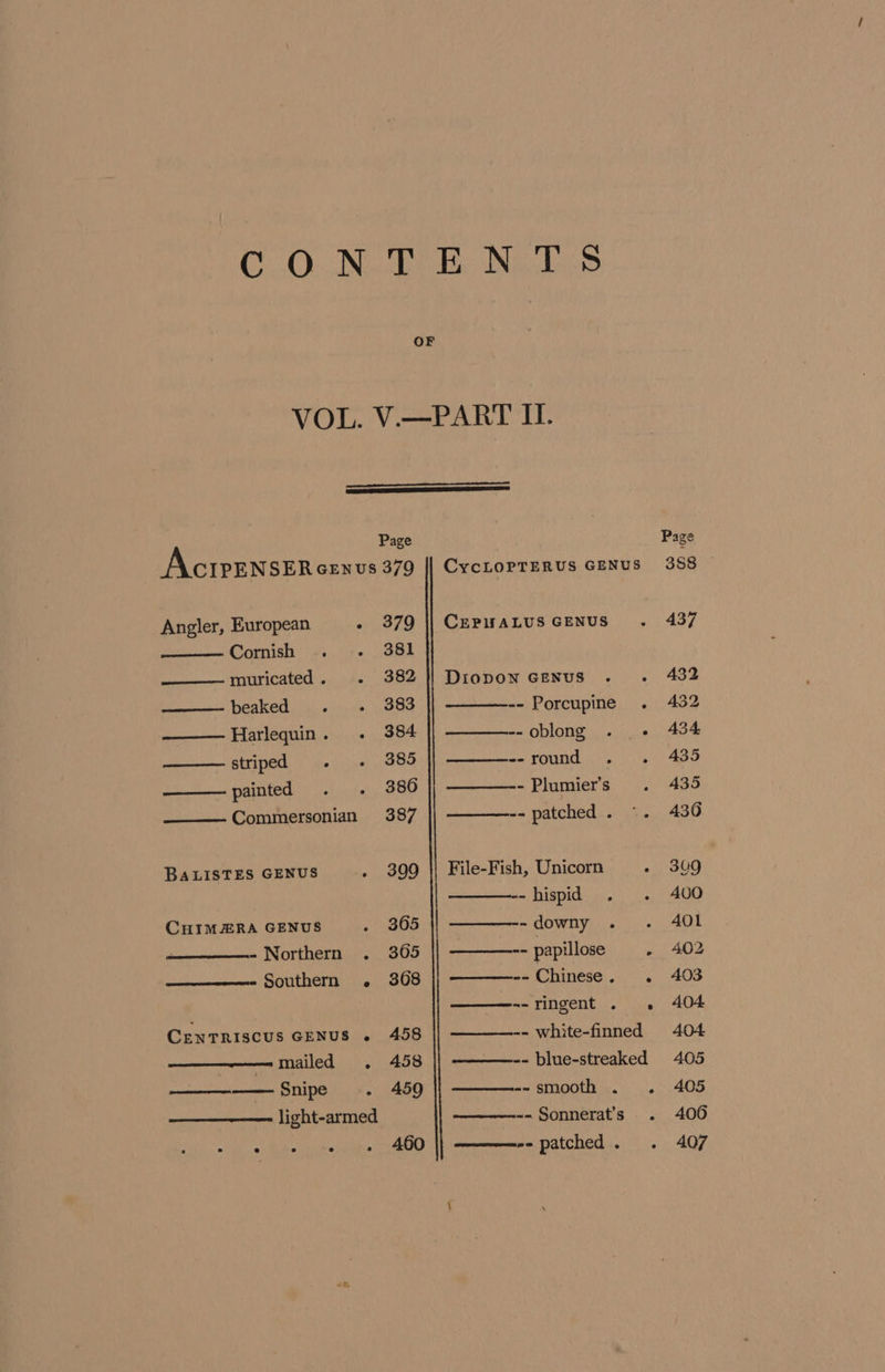 OF Page ActrENsER GENUS 379 Angler, European - 379 Cornish . 381 peices TUULICAED a, ite OOe beaked 383 —— Harlequin. . 384 striped . ~- 385 painted 386 Commersonian 387 BALISTES GENUS 399 CHIMERA GENUS 365 - Northern . 305 Southern . 3068 CentTriscus GENUS . 458 mailed . 458 ———-——. Snipe . 459 light-armed RE ose Sayer egy ht CycLOPTERUS GENUS CEPHALUS GENUS DIODON GENUS -- Porcupine -- oblong . + -- round - Plumier’s -- patched . ~. File-Fish, Unicorn - hispid - downy -- papillose : -- Chinese . ; ~-ringent . . -- white-finned -- blue-streaked dieeiecmeeaspotet BEFLOMDELK bis 3) Sse -- Sonnerat’s »- patched .