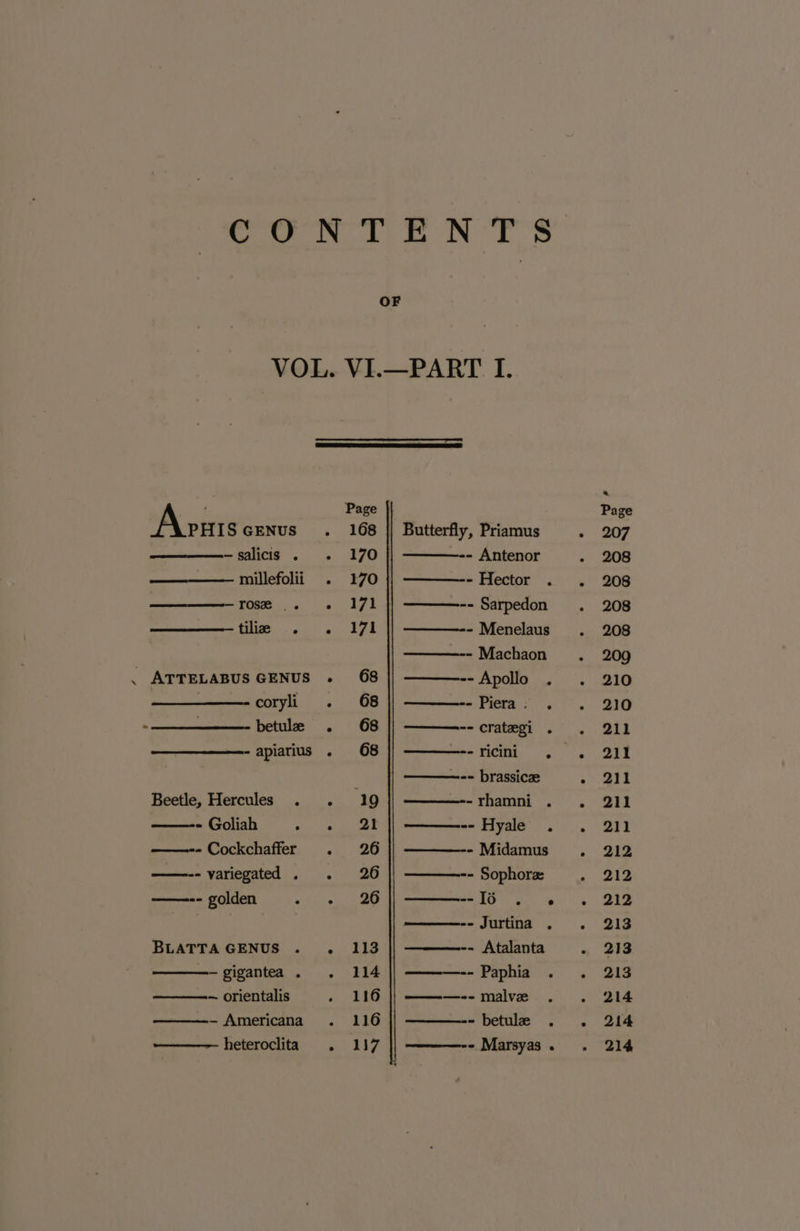 XN OF ‘Aom S GENUS —salicis . millefolii rose . tilie . coryli —_———- betule Beetle, Hercules . - Goliah ; ——-- Cockchaffer —-- yariegated . - golden BLATTA GENUS — gigantea . — orientalis ———- Americana ———— heteroclita Page 170 170 113 114 116 116 Butterfly, Priamus - Antenor - Hector . -- Sarpedon ——-- Menelaus —-- Machaon -- Apollo - Piera; . ——-- crategi . -- brassicz -rhamni . -- Hyale . ——-- Midamus -- Sophora: --I6 . . - Jurtina . |———-- Atalanta - Paphia . ———-- malvz -- betule . - Marsyas . e