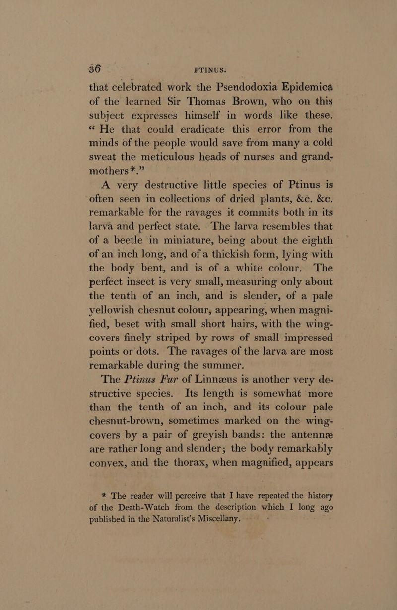 that celebrated work the Pseudodoxia Epidemica of the learned Sir Thomas Brown, who on this subject expresses himself in words like these, “He that could eradicate this error from the minds of the people would save from many a cold sweat the meticulous heads of nurses and grand mothers *.” A very destructive little species of Ptinus 1s often seen in collections of dried plants, &amp;c. &amp;c. remarkable for the ravages it commits both in its larva and perfect state. The larva resembles that of a beetle in miniature, being about the eighth of an inch long, and of a thickish form, lying with the body bent, and is of a white colour. The perfect insect is very small, measuring only about the tenth of an inch, and is slender, of a pale yellowish chesnut colour, appearing, when magni- fied, beset with small short hairs, with the wing- covers finely striped by rows of small impressed points or dots. The ravages of the larva are most remarkable during the summer. The Ptinus Fur of Linnzeus is another very de- structive species. Its length is somewhat more than the tenth of an inch, and its colour pale chesnut-brown, sometimes marked on the wing- covers by a pair of greyish bands: the antennz are rather long and slender; the body remarkably convex, and the thorax, when magnified, appears = The reader will perceive that I have repeated the history of the Death-Watch from the description which I eee ago published in the Naturalist’s Miscellany.