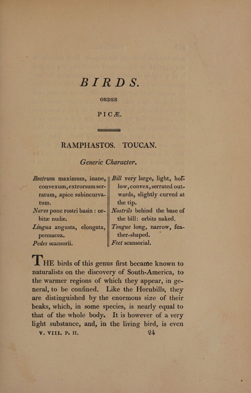 BIRDS. ORDER PICE. RAMPHASTOS. TOUCAN. Generic Character. Rostrum maximum, inane, || Bill very large, light, hol convexum,extrorsumser- || low,convex, serrated out- ratum, apice subincurva-|| wards, slightly curved at tum. the tip. Nares pone rostri basin : or- |} Nostrils behind the base of bite: nude. the bill: orbits naked. Lmgua angusta, elongata, || Zongue long, narrow, fea- pennacea. ther-shaped. Pedes scansorii. _ || Feet scansorial. Tue birds of this genus first became known to naturalists on the discovery of South-America, to the warmer regions of which they appear, in ge- -neral, to be confined. Like the Hornbills, they are distinguished by the enormous size of their beaks, which, in some species, is nearly equal to that of the whole body. It is however of a very light substance, and, in the living bird, is even