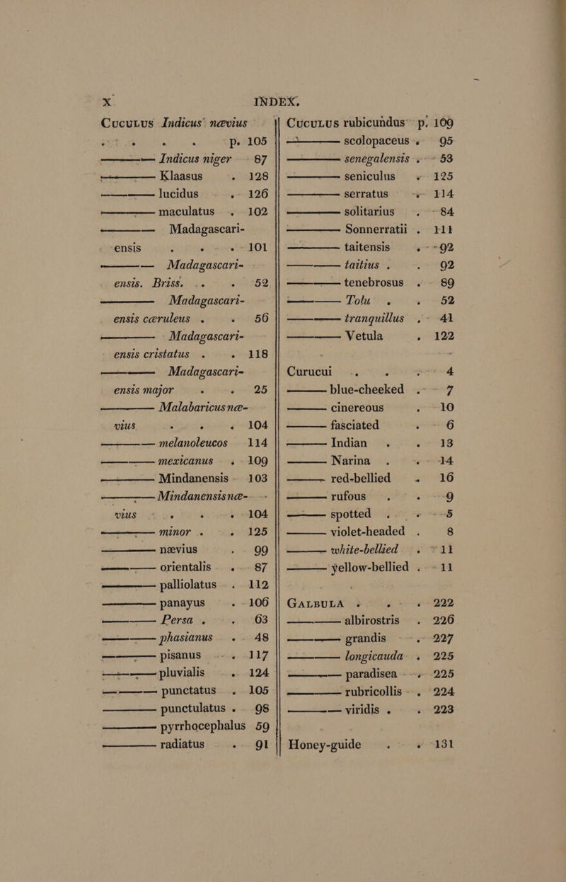 Cucutus Indicus’ nevius Cucutvs rubicundus” p, 109 : . : p- 105 || —————— scolopaceus*. 95 f ——-— Indicus niger - 87 |} ————— senegalensis «~~ 53 —— Klaasus - 128 |} —————seniculus « 125 ———— lucidus « 126 || ————— serratus “ye 14 ———-—— maculatus . 102 || ————— solitarius . - 84 — Madagascari- ——— Sonnerratii . ft -ensis . ‘ .- 101 |} ————— taitensis s Q2 — Madagascari- —- taitius . Senge ensis. Briss. .. ~ $2 |&gt;— tenebrosus . - 89 Madagascari- — Lolu i, » - 52 ensis ceruleus . - 56 || ————tranquillus .- 41 Madagascari- ae Vetula » 122 ensis cristatus . e418 Madagascari- Curucui .. ? ’ 4. ensis major ‘ oh 25 blue-cheeked . 7 Malabaricusne- cinereous 10 VLUS , ‘; - 104 fasciated iene * —__——— melanoleucos 114 Indian. oor 38 ——__-—__— mexicanus « « »109 Narina . vg oe. Mindanensis. 103 ~ red-bellied ghee ——-—— Mindanensisne-. rufous) =. °° 9 wius » » « «6 104 || —~— spotted 2.2 6 95 —_——— minor . pre 45) violet-headed_ . 8 — nevius x aati Ei 4 - white-bellied . “11 ee orientalis... 87 palliolatus.. 112 ———— panayus__. -106 || GarputaA «. .- « 222 Persa . or oY albirostris . 226 phasianus .. 48 || -_--—— grandis * ge QO7 pisanus 9 6&lt;% 117 j) yellow-bellied ..- 11 ee eee : longicauda- . 225 —_-—--— pluvialis - 124 || —___— paradisea - ~~. .225 ——— punctatus. . 105 || __ rubricollis - . 224 punctulatus .. 98 — viridis . +223 ———- pyrrhocephalus 59 radiatus - Ql || Honey-guide } gf-*431 °