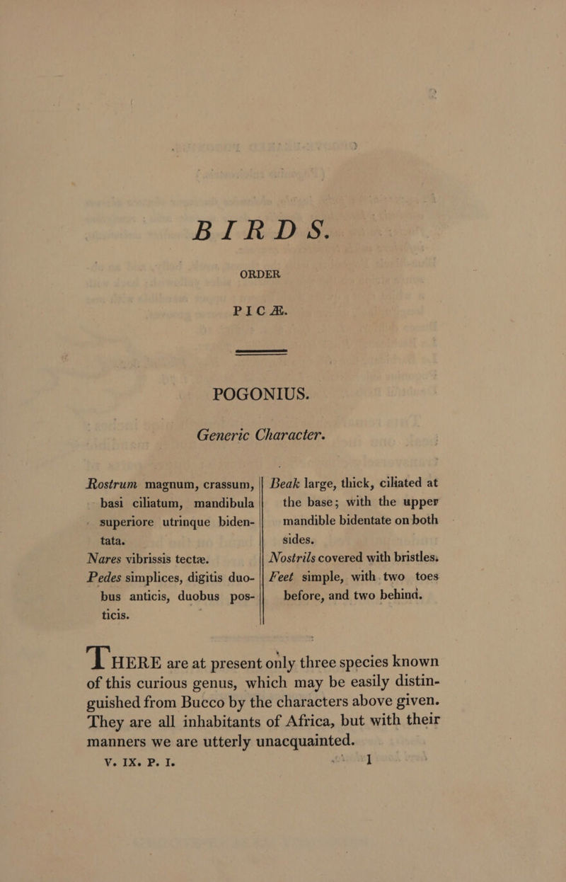 BIRDS. ORDER PICS. POGONIUS. Generic Character. Rostrum magnum, crassum, || Beak large, thick, ciliated at basi ciliatum, mandibula the base; with the upper - superiore utrinque biden- mandible bidentate on both tata. sides. Nares vibrissis tectze. Nostrils covered with bristles. Pedes simplices, digitis duo- || eet simple, with. two toes bus anticis, duobus pos- before, and two behind. ticis. ‘Tere are at present only three species known of this curious genus, which may be easily distin- guished from Bucco by the characters above given. They are all inhabitants of Africa, but with their manners we are utterly unacquainted.