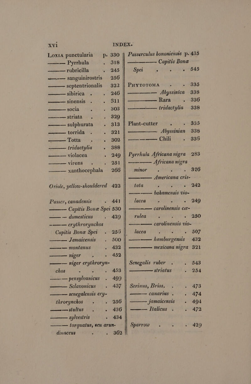 Loxta punctularia pp. 330 || Passerculus bononiensis p. 435 ——— Pyrrhula . 818 i Capitis Bone ~ — rubricilla « 245 Spet : ° . 545 ——~-— sanguinirostris 256 septentrionalis 322 || PHyToTOMA . 0) 885 sibirica . . 246 || ————— Abyssmnica 338 ———sinensis . . $11 | — Rara . 336 socia : . 303 || ———-—- tridactylia 338 —striata . 329 ; ——— sulphurata . 313 || Plant-cutter : » “B85 torrida . o°°B21 ——- Abyssinian 338 Totta . . 302 || ——-——— Chili » B85 tridactylia - 388 — violacea . 249 || Pyrrhula Africana nigra 283 virens. 251 Africana nigra ——-— xanthocephala 266 minor. : . Bg Americana cris- - Oriole, yellow-shouldered 422 tata ; : - 242 bahamensis vio- Passer, canadensis - Adi lacea ; F - 249 Capitis Bona Spet 530 carolinensis c@- —— — domesticus 429 rulea } } - 250 -—— erythrorynchos carolinensis vi0- Cupitis Bone Spet . 259 lacea ; : « 507 — Jamaicensis 500 hamburgensis 432 —— montanus . 432 | — mexicana nigra 321 —— niger : 5 52 —— niger erythroryn- Senegalis ruber. oAS chos ; ; 453 striatus - 254 — pensylvanicus 499 Sclavonicus . 437 || Serinus, Briss. . . 473 — senegalensis ery- ——— canarius . - A7A throrynchos . . 256 jamaicensis . AQ4 a Stultus &gt;. . 436 | ——— Italicus . rg 72 sylvestris - 434 ——— torquatus, seu arun- Roar MO soap dinaceus 4 . 862