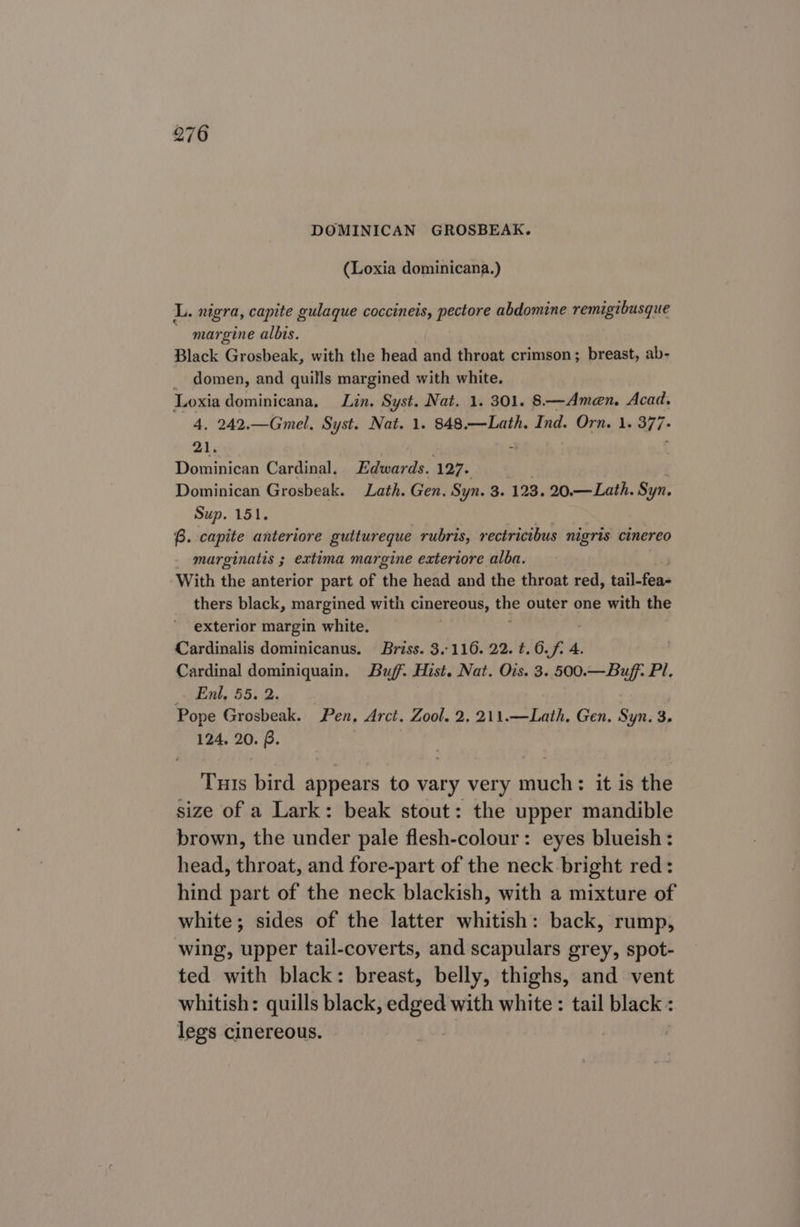 DOMINICAN GROSBEAK. (Loxia dominicana.) L. nigra, capite gulaque coccineis, pectore abdomine remigibusque ~ margine albis. Black Grosbeak, with the head and throat crimson; breast, ab- domen, and quills margined with white. Loxia dominicana, Lin. Syst. Nat. 1. 301. 8—Amen. Acad. 4, 242.—Gmel. Syst. Nat. 1. 848.—Lath. Ind. Orn. 1. 377- 21. Dominican Cardinal. Edwards. 197. Dominican Grosbeak. Lath. Gen. Syn. 3. 123. 20.—Lath. Syn. Sup. 151. B. capite anteriore guttureque rubris, rectricibus nigris cinereo - marginatis ; extima margine extertore alba. With the anterior part of the head and the throat red, tail-fea~ thers black, margined with cinereous, the outer one with the exterior margin white. Cardinalis dominicanus. Briss. 3.:116. 22. t.6.f. 4. Cardinal dominiquain. Buff. Hist. Nat. Ois. 3. 500.—Buff: Pl, Enh, 55.2... ~ Pope Grosbeak. Pen, Arct. Zool. 2, 211.—Lath, Gen. Syn. 3. 124, 20. B. Tuts bird appears to vary very much: it is the size of a Lark: beak stout: the upper mandible brown, the under pale flesh-colour: eyes blueish: head, throat, and fore-part of the neck bright red: hind part of the neck blackish, with a mixture of white; sides of the latter whitish: back, rump, wing, upper tail-coverts, and scapulars grey, spot- ted with black: breast, belly, thighs, and vent whitish: quills black, race with white : tail black : legs cinereous.