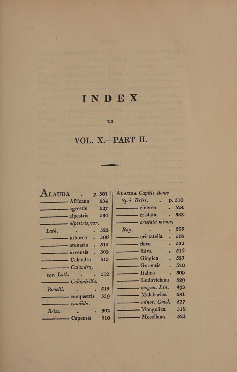 TO ea ALAUDA . _-p. 501 || Anaupa Capiizs Bone Africana 534 Spei. Briss. - ?p. ——_—-——_ agrestis 527 cinerea . ———_——-— alpestris 530 cristata : —————— alpestris, var. cristata minor. Lath. : - $22 Ray. : . arborea . 506 cristatella . Liew arenaria 515 flava ——-—_—— arvensis . 502 || ————— fulva . — Calandra 513 Gingica . Calandra, Gorensis . var. Lath... . 512 || ———— Italica : — Calandrilla. Ludoviciana Bonelli. : PENH magna. Lin. campestris 539 Malabarica — candida. ———— minor. Gmel. Briss. : . $02 Mongolica enon Capensis 510 —— Mosellana 510 524 533 505 505 522 516 523 520 509 529 493 531 527 516 523