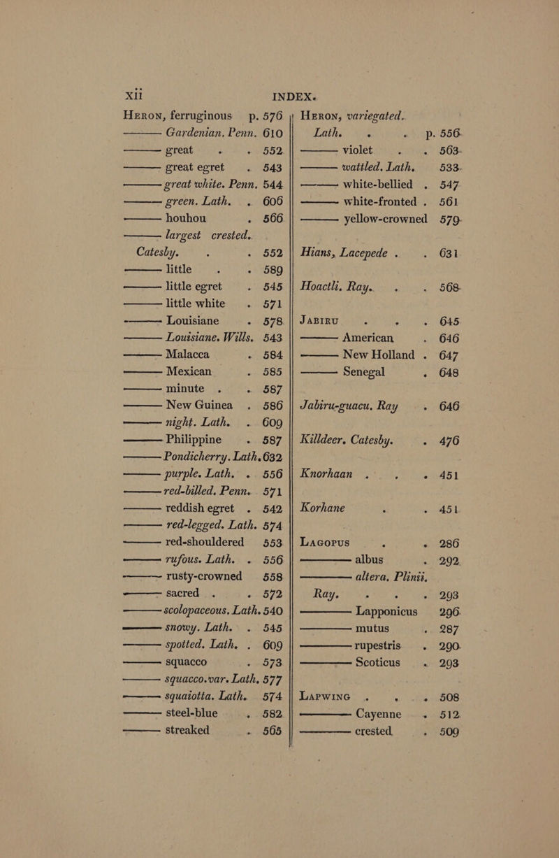 Heron, ferruginous pp. 576 Gardenian. Penn. 610 great . ~ 552 great egret - 543 great white. Penn. 544 green. Lath. . 606 houhou . 566 largest crested. Catesby. . . 552 little? i: . 589 — little egret - 545 little white . 571 Louisiane - 578 Louisiane. Wills. 543 Malacca - 584 Mexican — . 585 minute . - §87 New Guinea . 586 night. Lath. . 609 Philippine - 587 Pondicherry. Lath. 632 purple. Lath. .. 556 red-billed. Penn. 571 reddish egret . 542 red-legged. Lath. 574 red-shouldered 553 rufous. Lath. . 556 rusty-crowned 558 —— sacred . AG er «Vy 32. scolopaceous, Lath. 540 snowy. Lath. . 545 spotted. Lath. . 609 squacco - 973 sgquacco.var. Lath, 577 squatotta. Lath. 574 steel-blue «. $82, streaked . 565 Lath. J ABIRU Knorhaan Korhane LaGorus Ray. LAaPwinc albus altera, Plinis, Lapponicus mutus rupestris . Scoticus Cayenne. crested 563- 533. 547 561 579