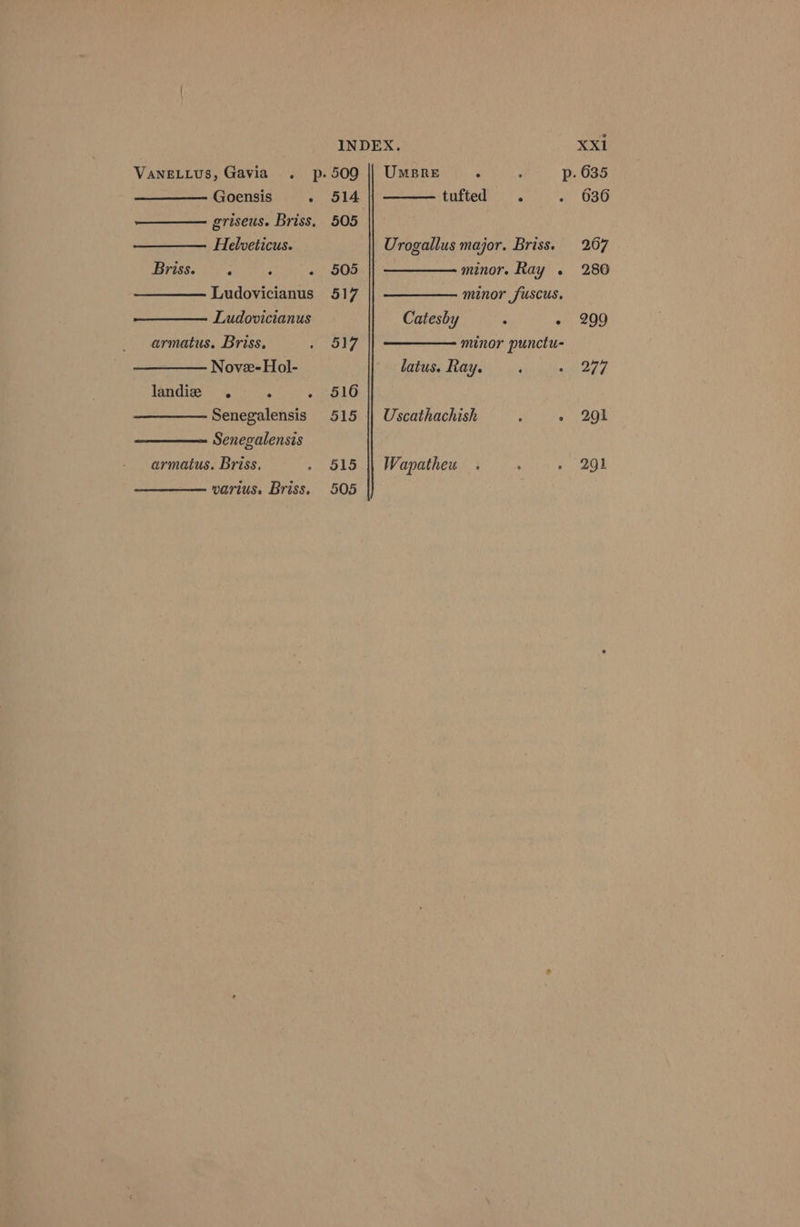 VANELLUS, Gavia . p.5090 UmBre : p- 635 Goensis . 514 |} tufted . . 636 griseus. Briss, 505 | Helveticus. Urogallus major. Briss. 2067 Briss... ; ‘ - 505 minor. Ray . 280 Ludovicianus 517 minor fuscus. Ludovictanus Catesby ; « 299 armatus. Briss, 517 minor punctu- = Novz-Hol- latus. Ray. 2747 landie . ‘ ol Senegalensis 515 || Uscathachish : 2) 208 Senegalensis armatus. Briss. 515 || Wapatheu 291 varius. Briss. 505 |}