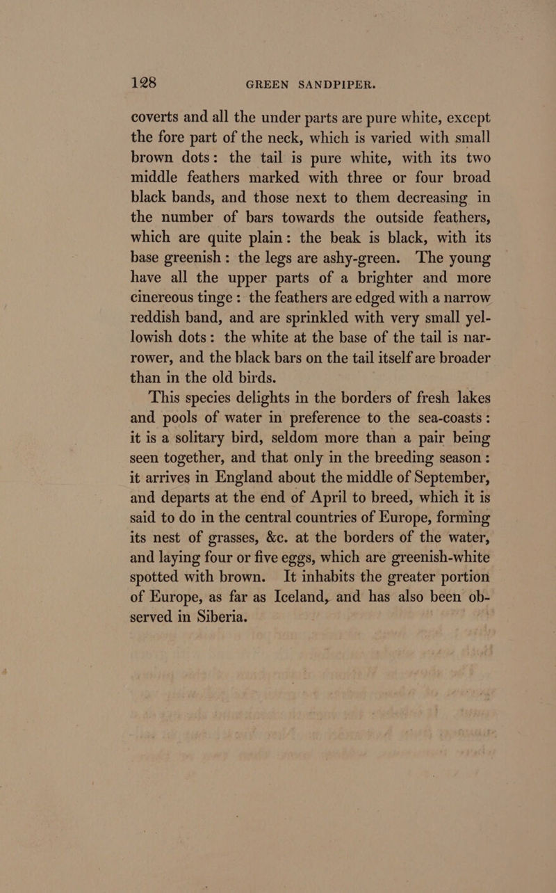 coverts and all the under parts are pure white, except the fore part of the neck, which is varied with small brown dots: the tail is pure white, with its two middle feathers marked with three or four broad black bands, and those next to them decreasing in the number of bars towards the outside feathers, which are quite plain: the beak is black, with its base greenish : the legs are ashy-green. “The young have all the upper parts of a brighter and more cinereous tinge : the feathers are edged with a narrow reddish band, and are sprinkled with very small yel- lowish dots: the white at the base of the tail is nar- rower, and the black bars on the tail itself are broader than in the old birds. This species delights in the borders of fresh lakes and pools of water in preference to the sea-coasts : it is a solitary bird, seldom more than a pair being seen together, and that only in the breeding season : it arrives in England about the middle of September, and departs at the end of April to breed, which it is said to do in the central countries of Europe, forming its nest of grasses, &amp;c. at the borders of the water, and laying four or five eggs, which are greenish-white spotted with brown. It mhabits the greater portion of Europe, as far as Iceland, and has also been ob- served in Siberia.