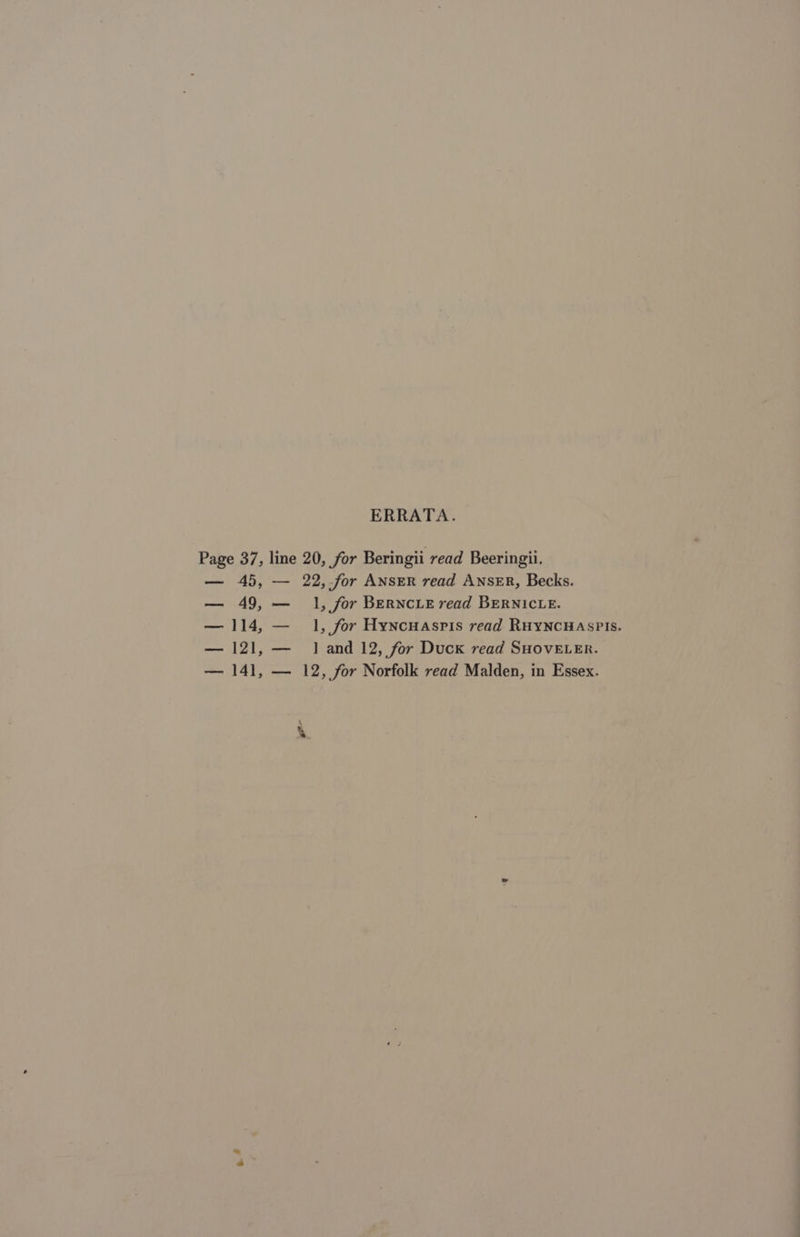 ERRATA. a ee 45, 49, 114, 121, 141, e* — 22,.for ANSER read ANSER, Becks. — 1, for BeRNCLE read BERNICLE. — 1, for Hyncnasris read Ruyncuaspis. — 1 and 12, for Duck read SHOVELER. — 12, for Norfolk read Malden, in Essex.