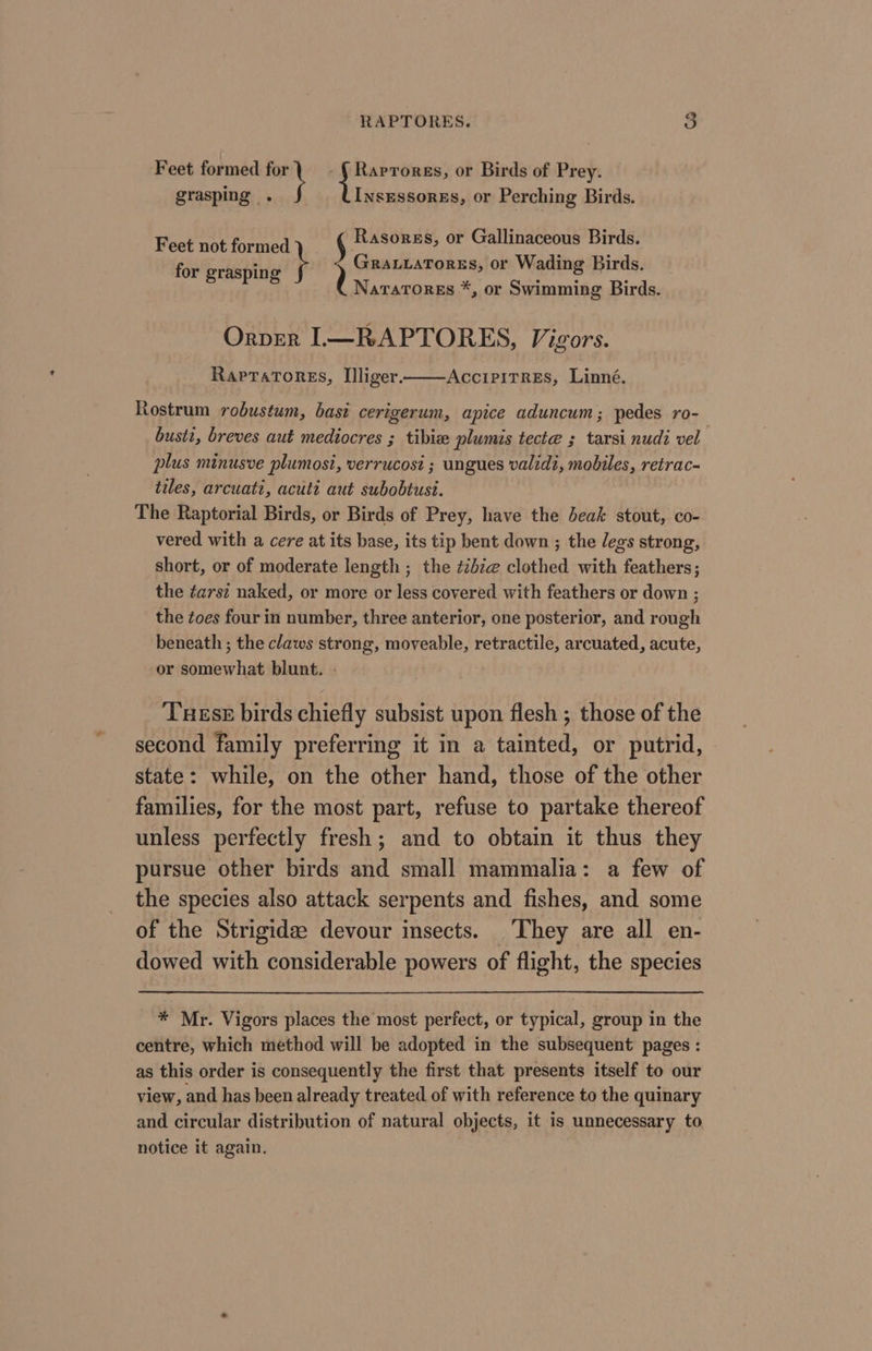 Feet formed “ob ; pau eee or Birds of Prey. grasping . Insessores, or Perching Birds. Feet not formed ) | for grasping Gratzatorss, or Wading Birds. ; Rasores, or Gallinaceous Birds. NararTores *, or Swimming Birds. Orver IL—RAPTORES, Vigors. RapraTores, Illiger. ACCIPITRES, Linné. Rostrum robustum, basi cerigerum, apice aduncum; pedes ro- busti, breves aut mediocres ; tibiee plumis tecte ; tarsi nudi vel ; plus minusve plumosi, verrucosi ; ungues validi, mobiles, retrac- tiles, arcuati, acutt aut subobtusi. The Raptorial Birds, or Birds of Prey, have the beak stout, co- vered with a cere at its base, its tip bent down ; the legs strong, short, or of moderate length ; the ¢ibz@ clothed with feathers; the tarsi naked, or more or less covered with feathers or down ; the toes four in number, three anterior, one posterior, and rough beneath ; the claws strong, moveable, retractile, arcuated, acute, or somewhat blunt. - Tuess birds chiefly subsist upon flesh ; those of the second family preferring it in a tainted, or putrid, state: while, on the other hand, those of the other families, for the most part, refuse to partake thereof unless perfectly fresh; and to obtain it thus they pursue other birds and small mammalia: a few of the species also attack serpents and fishes, and some of the Strigidze devour insects. ‘They are all en- dowed with considerable powers of flight, the species * Mr. Vigors places the most perfect, or typical, group in the centre, which method will be adopted in the subsequent pages : as this order is consequently the first that presents itself to our view, and has been already treated of with reference to the quinary and circular distribution of natural objects, it is unnecessary to notice it again.