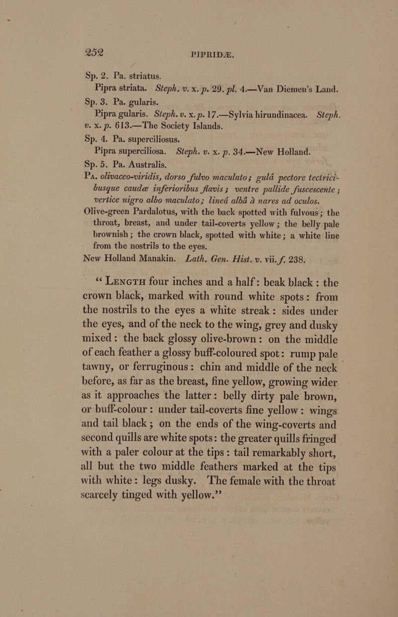 Sp. 2. Pa. striatus. Pipra striata. Steph. v. x. p. 29. pl. 4.—Van Diemen’s Land. Sp. 3. Pa. gularis. Pipra gularis. Steph. v. x. p.17.—Sylvia hirundinacea. Steph. v. x. p. 613.—The Society Islands. Sp. 4. Pa. superciliosus. Pipra superciliosa. Steph. v. x. p. 34.—New Holland. Sp. 5. Pa. Australis. Pa, olivaceo-viridis, dorso fulvo maculato; guld pectore tectrict- busque caude inferioribus flavis ; ventre pallide fuscescente ; vertice nigro albo maculato; lined alba a nares ad oculos. Olive-green Pardalotus, with the back spotted with fulvous; the throat, breast, and under tail-coverts yellow; the belly pale brownish ; the crown black, spotted with white; a white line from the nostrils to the eyes. New Holland Manakin. Lath. Gen. Hist. v. vii. f. 238. ‘“‘ LeneTu four inches and a half: beak black : the crown black, marked with round white spots: from the nostrils to the eyes a white streak: sides under the eyes, and of the neck to the wing, grey and dusky mixed: the back glossy olive-brown: on the middle of each feather a glossy buff-coloured spot: rump pale tawny, or ferruginous: chin and middle of the neck — before, as far as the breast, fine yellow, growing wider as it approaches the latter: belly dirty pale brown, or buff-colour : under tail-coverts fine yellow: wings and tail black; on the ends of the wing-coverts and second quills are white spots: the greater quills fringed with a paler colour at the tips : tail remarkably short, all but the two middle feathers marked at the tips with white: legs dusky. ‘The female with the throat scarcely tinged with yellow.”