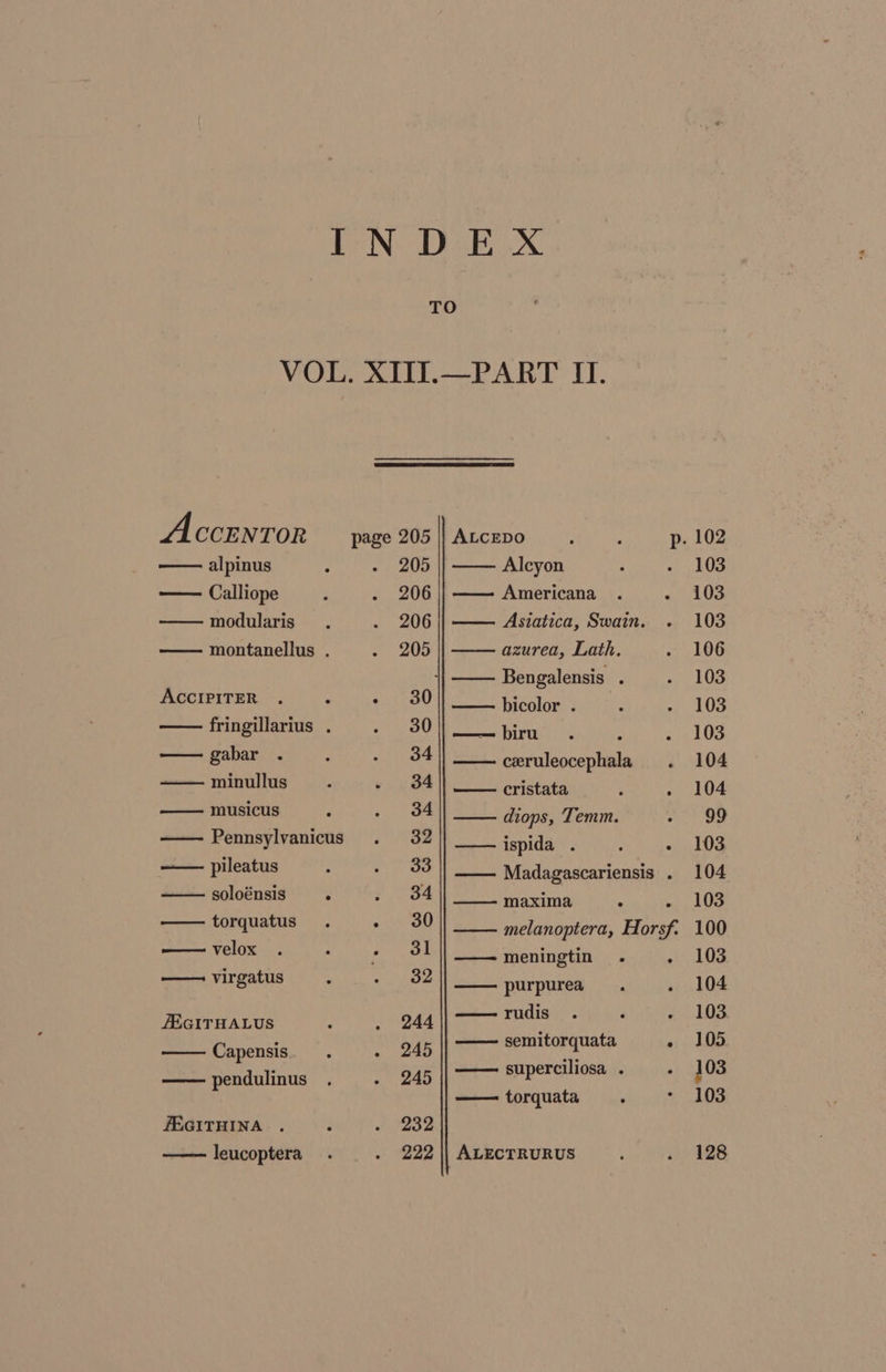 Accentor alpinus —— Calliope modularis montanellus . ACCIPITER fringillarius . gabar —— minullus — musicus Pennsylvanicus —— pileatus soloénsis torquatus velox virgatus JEGITHALUS Capensis pendulinus FEGITHINA . leucoptera 205 206 206 205 30 30 34 34 32 33 34 30 31 32 244 245 245 232 222 ALCEDO p. 102 Alcyon - 103 —— Americana 103 —— Asiatica, Swain. 103 azurea, Lath. 106 Bengalensis . 103 bicolor . 103 — biru 103 ceruleocephala 104 cristata . 104 diops, Temm. 99 ispida . 103 Madagascariensis . 104 maxima : - 103 melanoptera, Horsf. 100 meningtin 103 —— purpurea 104 rudis 103 —— semitorquata - 105 —— superciliosa . - 103 — torquata - 103 ALECTRURUS 128