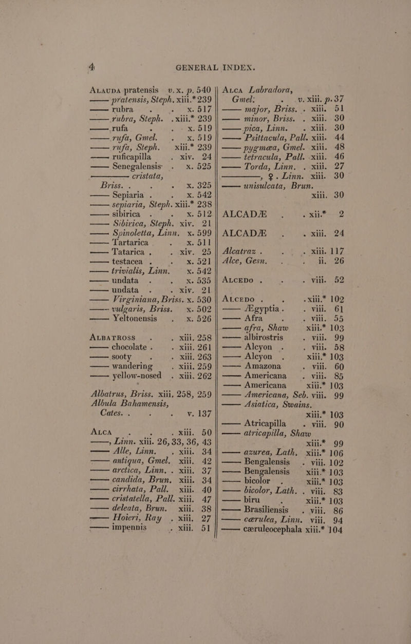 AvaAupa pratensis v.x. p. 540 pratensis, Steph, xiii.* 239 rubra. pre S17, rubra, Steph. .xiii.* 239 — rufa ‘ pieexsol1g rufa, Gotel. 7 Uxs B19 rufa, Steph. —xiii.* 239 ruficapilla giv. 24 Senegalensis . x. 525 cristata, Briss. . : oe RRS ak or Sepiaria . x. 542 sepiaria, Steph. xiii.* 238 sibirica . x. 512 —. Sibirica, Steph. xiv. 21 —— Spinoletta, Linn, x. 599 Tartarica eps. Sht Tatarica , RIT 2D testacea . see ones trivialis, Linn. x. 542 undata . sek 50 undata aie. 21 — Virginiana, Briss. x. 530 —-. vulgaris, Briss. x. 502 Yeltonensis . x. 526 ALBATROSS . xii. 258 chocolate . “xin: 261 sooty . xi. 263 wandering . Xill. 259 yellow-nosed . xiii, 262 Albatrus, Briss. xiii, 258, 259 Albula Bahamensis, Cates. . ; Sime oe ALCA ; amine 50 ——, Linn. xiii. OG: 33, 36, 43 — Alle, Linn. . xiii. 34 antigua, Gmel, xiii. 42 arctica, Linn, . xiii. 37 candida, Brun, xiii. 34 cirrhata, Pall. xiii. 40 cristatella, Pall. xiii. 47 deleata, Brun. xiii. 38 —— impennis Auca Labradora, Gmel: major, Briss. . Xiil. — minor, Briss. . Xiii. a pica, Linn. . xiii. 30 — Psittacula, Pall. xiii. 44 — pygmea, Gmel. xiii. 48 tetracula, Pall. xiii. 46 Torda, Linn, . xiii. 27 . 9. Linn. xiii. 30 unisulcata, Brun. Kiso ALCADZ vans —&lt;2 ALCAD/E xh, 24 Alcatraz . ; me ciree h 4 Alce, Gesn. + ugite Ds ALCEDo , ya. 82 ALCEDO , -xili.* 102 Egyptia. . Vili, 6] — Afra : seri. S5 afra, Shaw xii.* 103 albirostris svi. 99 —— Alcyon . vill. 58 —— Alcyon xlii.* 103 —-— Amazona . vill. 60 —— Americana... viii. 85 —— Americana — Asiatica, Swains. 99 —— Atricapilla atricapilla, Shaw xiil.* azurea, Lath, 90 99 Bengalensis . viii. 102 Bengalensis xi.* 103 bicolor xili.* 103 bicolor, Lath. . viii. 83 biru xiii.* 103 Brasiliensis . viii. 86