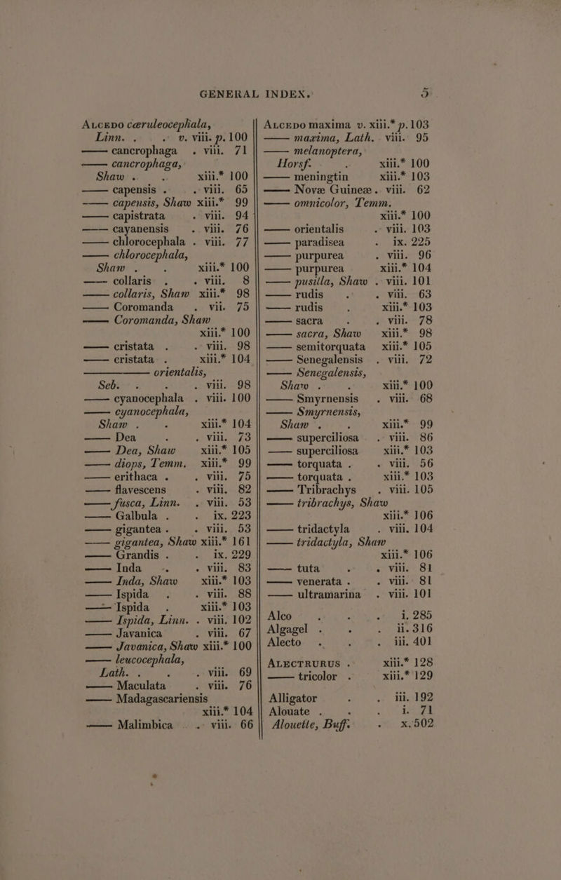 Avcepo ceruleocephala, Linn. . v. vill. p. 100 cancrophaga . vill. 71 cancrophaga, Shaw . xiii.” 100 capensis . . Vill, 65 -— capensis, Shaw xiii.* 99 capistrata » Vill. 94 cayanensis . viii. 76 chlorocephala . viii. 77 chlorocephala, Shaw . —— collaris . xill.* 100 Ves 48 collaris, Shaw xiii.* 98 Coromanda . vil. 79 Coromanda, Shaw xiil.* 100 cristata . vill. 98 cristata. xili.* 104 orientalis, Seb. . viii. 98 cyanocephala . viii. 100 cyanocephala, Shan . xili.* 104 Dea SS ¥ilieuto xiii.* 105 xlii.* 99 . vii. 75 flavescens - vill. 82 fusca, Linn. . viii. 53 Galbula . Hime —— gigantea . » Vili. 53 —— gigantea, Shaw xiii.* 161 — Grandis . ix. 229 — Dea, Shaw diops, Temm. erithaca . — Inda es Nia: Oo Inda, Shaw xiii.* 103 Ispida . viii. 88 —— Ispida xill.* 103 — Ispida, Linn. . viii. 102 Javanica . vin. 67 — Javanica, Shaw xiii.* 100 leucocephala, Lath. . . Ville 69 — Maculata yi. 76 Madagascariensis xiii.* 104 Malimbica . .° viii. 66 ALCEDO maxima v. xili.* p.103 maxima, Lath. . viii. 95 melanoptera, Horsf: xiii.* 100 meningtin xiii.* 103 Nove Guinez. viii. 62 omnicolor, Temm. xili.* 100 orientalis . villi. 103 paradisea Ix. 225 purpurea . Vill. 96 purpurea xiii.* 104 pusilla, Shaw . viii. 101 rudis «Win. - 63 rudis xii.” 103 sacra eh Vill.--78 sacra, Shaw xiii.* 98 semitorquata xiii.* 105 Senegalensis . vili. 72 Senegalensis, Shaw . xiii.* 100 ——Smyrnensis . viii. 68 —— Smyrnensis, Shan . xili.* 99 —— superciliosa . vill. 86 —— superciliosa —xiii.* 103 ~ vill, 56 —— torquata . xiii.* 103 Tribrachys . vill. 105 tribrachys, Shaw xili.* 106 tridactyla . vill. 104 tridactyla, Shaw xili.* 106 torquata : —— tuta . viii. 81 venerata . . villi. 81 —— ultramarina . viii. 101 Alco aay i, 285 Algagel . . 11. 316 Alecto ili. 401 ALECTRURUS . xilil.* 128 tricolor xili.* 129 Alligator ili, 192 Alouate . . ee | Alouetle, Buff. x.502