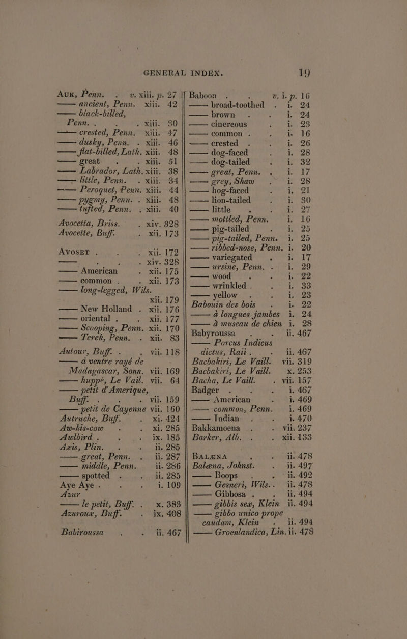 Auk, Penn. ¥v. Xiil. p. 27 ancient, Penn. xiii. 42 black-billed, Penn. . YRS S crested, Penn. xiii. 47 dusky, Penn, . xiii. 46 Jflat-billed, Lath. xiii. 48 great xui., 51 Labrador, fails xili. 38 — hitle, Penn. . xiii. 34 —— Peroquet, Penn. xiii. 44 — pygmy, Penn. . xiii. 48 tufted, Penn. , xiii. 40 Avocetta, Briss. . xiv. 328 Avocette, Buff: xii. 173 AVOSET . xi. 172 é : wy; S20 —— American xii. 175 common . ma 175 long-legged, Ww ils. xii. 179 —— New Holland . xii. 176 oriental , On —— Scooping, Penn. xii. 170 —— Terek, Penn. xi. 83 Autour, Buff: . vii. 118 a ventre rayé de Madagascar, Sonn. vii. 169 huppé, Le Vail. vii. 64 petit d Amerique, Buff: . vii. 159 etit de Cayenne vii. 160 Autruche, Buff. xi. 424 Avw-his-cow xi. 285 Awlbird . » ix. 185 amis Flin. |. 6, eMule CED great, Penn. . ii. 287 middle, Penn. il. 256 spotted . (dl. 285 Aye Aye . ; er She LQG Azur le petit, Buff. ee te Sea Azuroux, Buff. . ix, 408 | Baboon v1. p. 16 broad-toothed 1, 24 brown i 24 cinereous 1, 2S common . 1 16 crested 1. 26 dog-faced i, 28 —— dog-tailed i. 32 great, Penn. ~~ 1. 17 grey, Shaw iL US hog-faced Oia 4 | lion-tailed i. 30 ———w little tae Te mottled, Poe 16 —— pig-tailed eyed eo —— pig-tailed, Penn. i. 25 —— ribbed-nose, Penn. i. 20 variegated Pol t ursine, Penn, . i. 29 —- wood ‘ i 22 wrinkled , ioe yellow Pea Babouin des bois i 22 alongues jambes i, 24 a museau de chien i. 28 Babyroussa ii. 467 Porcus I. naaces dictus, Razz .. so any 46/7 Bacbakiri, Le Vaill. vii. 319 Bacbakiri, Le Vaill. x. 253. Bacha, Le Vaill. viis 157 Badger . : aig ket67 American ; i. 469 common, Penn. i. 469 Indian . ¢ i. 470 Bakkamoena vii. 237 Barker, Alb. xii. 133 BALZNA iene 478 Balena, Fahaaat . ie 497 Boops. ~ ° i. 492 — Gesneri, Wils.. ii. 478 —— Gibbosa . . 11. 494 — gibbis sea, Klein ii. 494 gibbo unico prope caudam, Klein . ii. 494