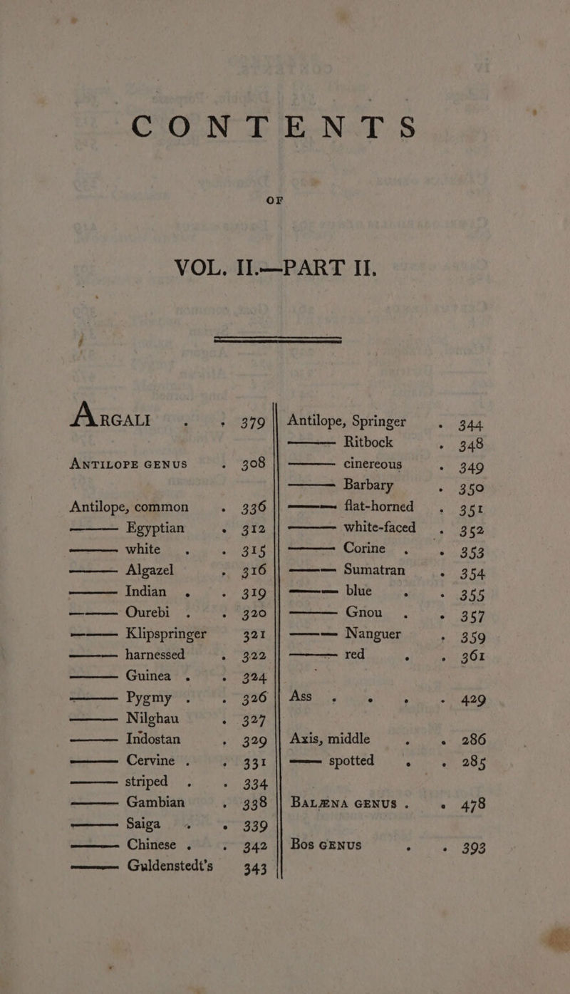 CONTENTS VOL. II.—PART II. Arcau P &gt; 379 || Antilope, Springer ews — Ritbock - 348 ANTILOPE GENUS - 308 cinereous “846 Barbary » 350 Antilope, common . o56 flat-horned ., 3 5I Egyptian ° 312 white). a&gt; Qe Algazel aio Indian . - 319 || ——— blue : «3355 white-faced . 352 Corine HD 53 Sumatran - 354 PETIT | Ourebi . 7 920 eee | Gnou . of eee ——— Klipspringer 321 || ——— Nanguer a ee harnessed Pag i) red ‘ - gO Guinea . dames: ¥. Pe FO Bees tte) ee ee —— Nilghau aaa by | Indostan » 329 || Axis, middle er itaa* 200 Cervine . » 331 || ——— spotted . . 285 striped . 294 Gambian . 338 || BaLzna GENUS. « 478 —— Saiga . « 339 Chinese . . 342 || Bos GENus ° - 393 ——-— Guldenstedt’s 343