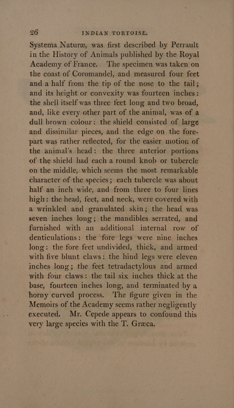 Systema Nature, was first described by Perrault in the History of Animals published by the Royal Academy of France. The specimen was taken on the coast of Coromandel, and measured four feet and a half from the tip of the nose to the tail; and its height or convexity was fourteen inches : the shell itself was three feet long and two broad, and, like every other part of the animal, was of a dull brown colour: the shield consisted of large and dissimilar pieces, and the edge on the fore- part was rather reflected, for the easier motion of the animal’s head: the three anterior portions of the shield had each a round knob or tubercle on the middle, which seems the most remarkable character of the species; each tubercle was about half an inch wide, and from three to four lines high: the head, feet, and neck, were covered with a wrinkled and granulated skin; the head was seven inches long; the mandibles serrated, and furnished with an additional internal row of denticulations: the ‘fore legs were nine inches long: the fore feet undivided, thick, and armed with five blunt claws: the hind legs were eleven inches long; the feet tetradactylous and armed with four claws: the tail six inches thick at the base, fourteen inches long, and terminated by a horny curved process. ‘The figure given in the Memoirs of the Academy seems rather negligently executed. Mr. Cepede appears to confound this very large species with the T. Greca.