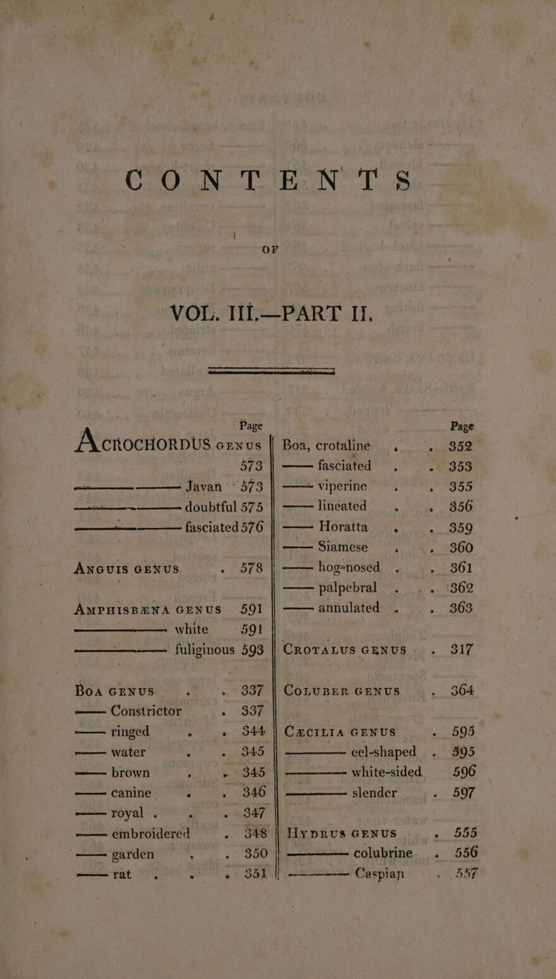 CONTENTS VOL. Ili.—PART II. Page CROCHORDUS cewnvs || Boa, crotaline 573 fasciated - Javan’ 573 || —~viperine ae doubtful 575 || —— lineated 2 - fasciated 576 Horatta . . Siamese ; ANGUIS GENUS o OTS hogenosed ; palpebral annulated . AMPHISBEZNA GENUS 591 white 591 -— fuliginous 593 || CroraLus GENUS Boa GENUS , . 337 | CotuBEeR GENUS — Constrictor . “Gon ringed » «+ S44 | CaciLIa GENUS —— water ’ = dipShdt A eer eel-shaped —— brown ; » &amp;345 white-sided canine 2 . 346 slender royal . ; . 347 embroidered . 348 | Hyprus GENUS garden : 300 — colubrine_ fat ; + S51 |) —-——— Caspian