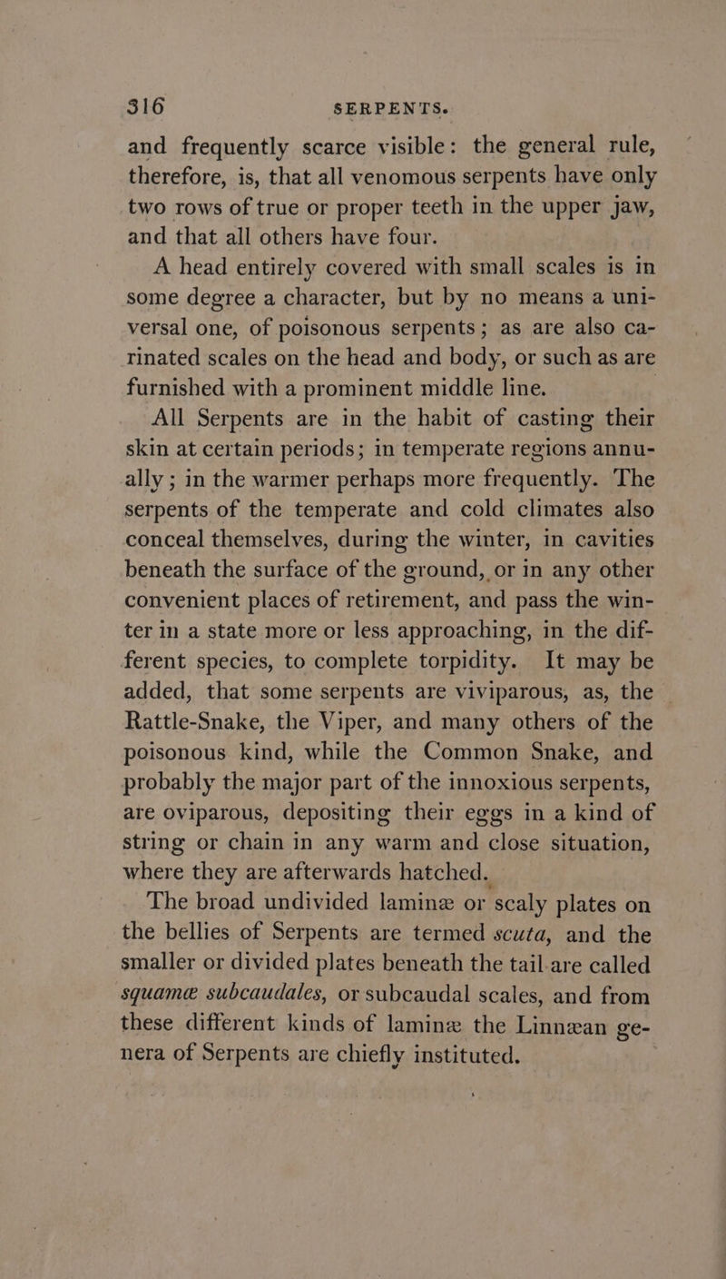 and frequently scarce visible: the general rule, therefore, is, that all venomous serpents have only two rows of true or proper teeth in the upper jaw, and that all others have four. A head entirely covered with small scales is in some degree a character, but by no means a uni- versal one, of poisonous serpents; as are also ca- rinated scales on the head and body, or such as are furnished with a prominent middle line. All Serpents are in the habit of casting their skin at certain periods; in temperate regions annu- ally ; in the warmer perhaps more frequently. The serpents of the temperate and cold climates also conceal themselves, during the winter, in cavities beneath the surface of the ground, or in any other convenient places of retirement, and pass the win- ter in a state more or less approaching, in the dif- ferent species, to complete torpidity. It may be added, that some serpents are viviparous, as, the | Rattle-Snake, the Viper, and many others of the poisonous kind, while the Common Snake, and probably the major part of the innoxious serpents, are Oviparous, depositing their eggs in a kind of string or chain in any warm and close situation, where they are afterwards hatched. The broad undivided laminz or scaly plates on the bellies of Serpents are termed scuta, and the smaller or divided plates beneath the tail-are called squame subcaudales, or subcaudal scales, and from these different kinds of lamine the Linnean ge- nera of Serpents are chiefly instituted. |