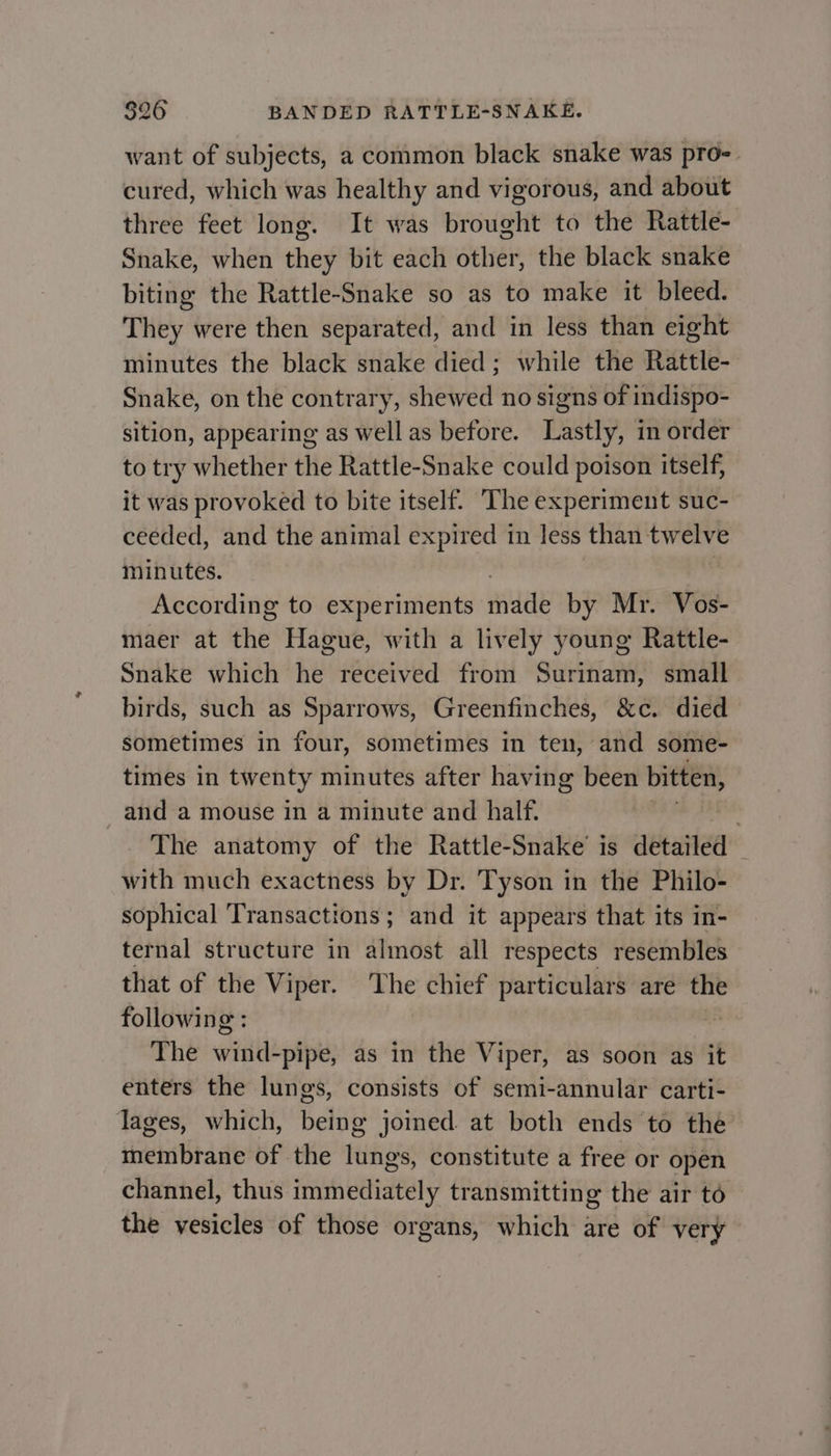 want of subjects, a common black snake was pro-. cured, which was healthy and vigorous, and about three feet long. It was brought to the Rattle- Snake, when they bit each other, the black snake biting the Rattle-Snake so as to make it bleed. They were then separated, and in less than eight minutes the black snake died; while the Rattle- Snake, on the contrary, shewed no signs of indispo- sition, appearing as well as before. Lastly, in order to try whether the Rattle-Snake could poison itself, it was provoked to bite itself. The experiment suc- ceeded, and the animal expired in less than twelve minutes. According to experiments mua by Mr. Vos- maer at the Hague, with a lively young Rattle- Snake which he received from Surinam, small birds, such as Sparrows, Greenfinches, &amp;c. died sometimes in four, sometimes in ten, and some- times in twenty minutes after having been bitten, and a mouse in a minute and half. ; The anatomy of the Rattle-Snake is detailed _ with much exactness by Dr. Tyson in the Philo- sophical Transactions; and it appears that its in- ternal structure in almost all respects resembles that of the Viper. The chief particulars are the following : f The wind-pipe, as in the Viper, as soon as it enters the lungs, consists of semi-annular carti- Tages, which, Belay joined. at both ends to the membrane of the (tthe constitute a free or open channel, thus immediately transmitting the air to the vesicles of those organs, which are of very