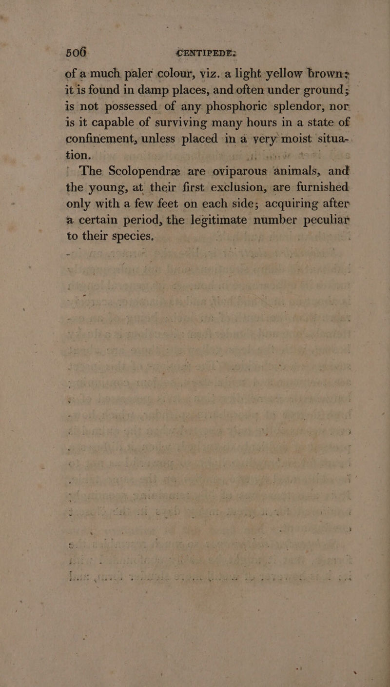 of a-much, paler colour, viz. a light yellow brown: it is found in damp places, and often under ground; is not possessed of any phosphoric splendor, nor. is it capable of surviving many hours in a state of confinement, unless placed ina wey: moist situa- tion. 7 Eh’ Latins BF es The Saaleninndan are oviparous Mnitaals and the young, at their first exclusion, are furnished only with a few feet on each side; acquiring after a certain period, the legitimate number peculiar to their species.