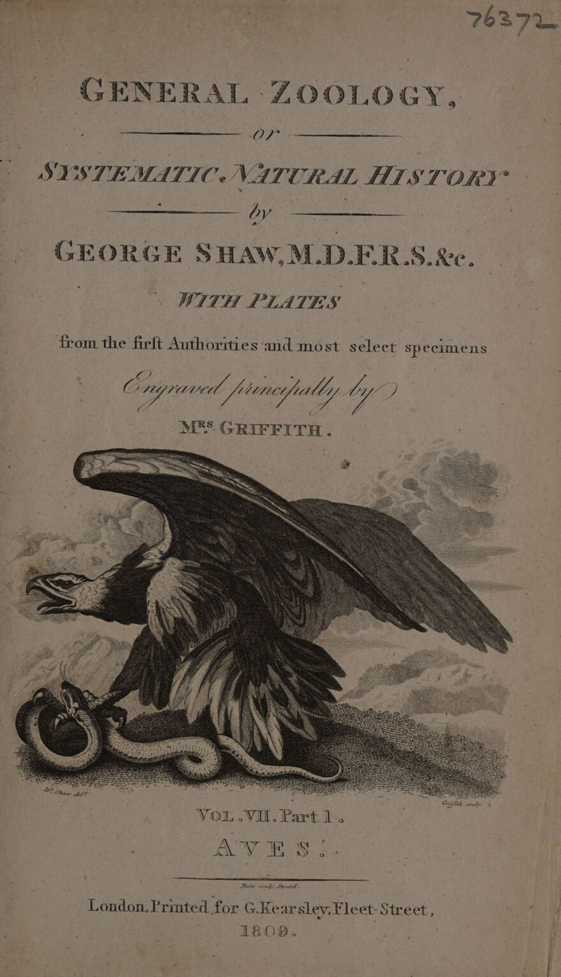 ‘ GE ENERAL ZOOLOGY, O-F SYSTEMATIC. NATORAL HISTORY by GEORGE SHAW,M.D.ER.S.&amp;c. \ WITH PLATES from the firft Authorities ‘and most select specimens VoL.VII. Part 1 , BNE Se os London, Printed for G.Kear sley, Fleet- Street, 1809.