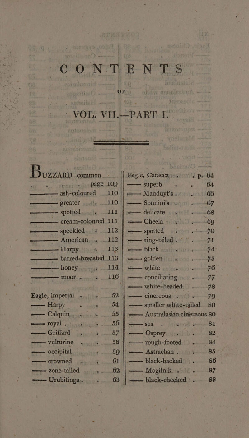 err ————— greater — spotted , . ———— speckled ees AMELCAN Harpy honey omens TOOL . Eagle, imperial . —— Harpy . — Calquin, ; _ meme royal . —— Griffard . —— vulturine occipital “——— crowned . —— zone-tailed w= Urubitinga. 11] 112 113 114 116 52 54 Eagle, Caracca;. -P superb. ; 04 —— Mauduyt’s. 66 Sonnini’s ». ~ OF —— delicate ~ ~68 Cheela. . paree 5 —— spotted . ~~ JO ring-tailed. « . 7A w=—— black &gt;». 74 golden. 75 ——— white 76 conciliating P 77 —— white-headed ... 78 cinereous — ; 79 —— smaller white-tgiled $80 Australasian cinereous 80 sea; : 81 —— Osprey 82 rough-footed . 84 —— Astrachan . 85- w—— black-backed . 86 —— Mogilnik.. 87 meee Dlack-cheeked &gt; . 88
