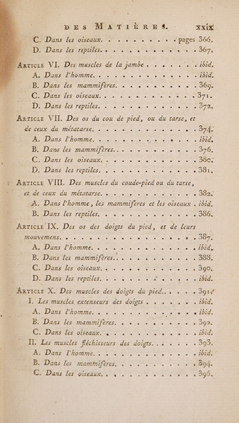 D Dns les osent. 4, Eu + pages 366. D. Dans les reptiles. 61 et eiMe er Teh Se fer ter Me js 367. Anricre VI. Des muscles de la jambe. . . . .. :ibid. _ A. Dans DRORME LU ee + ete +0 + es bide PAS es Pnammaeres. + la + + » + à + ©: JO D Les ones à Se 1 SA DT 371. RDS les Téptiless ss 1e 2 wie à ©. »t ete D 0 ArrTicze VII. Des os du cou de pied, ou du tarse, et D Ad DLL A TS Een ext Vies er pal ete cote OUR D ans lhomimes ee isirtes eo à es s6, 1e) + 10100 D Dans les marmmuferes,. + à ele» sr. : 970. C. Dans les oiseaux. . SV ste her a er Et UN SA TES D Lane LES TOpUlesi non ere à 3.0 + à 2.0 JO, + Anricze VIII. Des muscles du coude-pied ou du tarse, \ M CAR di MiraterSe pra ses + Ve AN de À. Dans l’homme, les mammifères et les oiseaux . ibid. DD NS ES TÉPLIERS, x + à, «4 \oû se 0e Le la 0e ARTICLE IX. Des os des doigts du pied, et de leurs HONMEDENS. = plein 6 + ie. 4e ons à 2007 POS d'hommeñe te le el ae ei ae Did B. Dans les mammifères. . dt UT AP 8e nie MOTOR LS DU PA LAC VE PA PU DS A ie et EC R - PO bhinailestrépnless à % 1 20 2e 18 à. 1ids ARTICLE X. Des muscles des doigts du pied... . +. 3o1€ L, Lestrmuscles extenseurs des doigts , . . . , + ibid. Mn l'hoiiees + 2 4 lens ce je ie des 8 EU ADS les cat feres à vue de ee we 21 à 002 CDS UNIES area ee. dote Se 2 id IT. Les muscles fléchisseurs des ue IDE et PAM M LT OM QUES MAR OEE EE AMEN: : à Do Dans les ‘niammiferes. 2 SES nd MP TN die 4 EE Sr Bof,