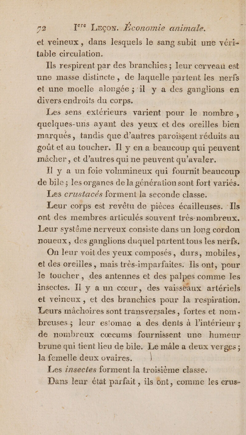 et veineux, dans lesquels le sang subit une véri- table circulation. Ils respirent par des branchies ; leur cerveau est une masse distincte, de laquelle partent les nerfs et une moelle alongée ; il y a des ganglions en divers endroits du corps. À Les sens extérieurs varient pour le nombre, quelques-uns ayant des yeux et des oreilles bien marqués , tandis que d’autres paroïssent réduits au goût et au toucher. Il y en a beaucoup qui peuvent mächer , et d’autres qui ne peuvent qu’avaler. de bile ; les organes de la génération sont fort variés. Les crustacés forment la seconde classe, Leur corps est revêtu de pièces écailleuses. ‘Ils ont des membres articulés souvent très-nombreux. Leur système nerveux consiste dans un long cordon noueux, des ganglions duquel partent tous les nerfs. On leur voit des yeux composés, durs, mobiles, et des oreilles, maïs très-imparfaites. Ils ont, pour le toucher, des antennes et des piges comme les insectes. I1 y a un cœur, des vaisseaux artériels et veineux, et des bras pour la respiration. Leurs mâchoires sont transversales, fortes et nom. breuses; leur estomac a des denis à l’intérieur ; de nombreux cœcums fournissent une humeur brune qui tient lieu de bile. Le mâle a deux verges : la femelle deux ovaires. | Les znsectes forment la troisième classe. Dans leur état parfait , ils ont, comme les crus- Le