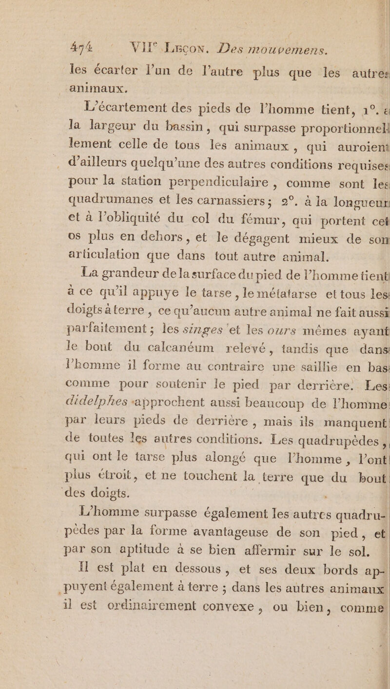 les écarter l’un de l’autre plus que les autres animaux. L’écartement des pieds de l’homme tient, 1°. 4 la largeur du bassin, qui surpasse proportionnel! lement celle de tous les animaux, qui auroient d’ailleurs quelqu’une des autres conditions requises pour la station perpendiculaire , comme sont les quadrumanes et les carnassiers; 2°, à la longueur: et à lobliquité du col du fémur, qui portent cet os plus en dehors, et le dégagent mieux de son arbculation que dans tout autre animal. La grandeur de la surface du pied de homme tient à ce qu'il appuye le tarse , lemétatarse et tous les: doigtsäterre , ce qu'aucun autre animal ne fait aussi parfaitement ; les singes ‘et les ours mêmes ayant le bout du calcanéum relevé, tandis que dans l’homme il forme au contraire une saillie en bas: comme pour soutenir le pied par derrière. Les! didelphes -approchent aussi beaucoup de l’homme: par leurs pieds de derrière , mais ils manquent de toutes les autres conditions. Les quadrupèdes ‘| qui ont le tarse plus alongé que l’homme , l'ont! plus étroit, et ne touchent la terre que du bout. des doigts. | L'homme surpasse également les autres quadru- | pèdes par la forme avantageuse de son pied, et par son aptitude à se bien affermir sur le sol. Il est plat en dessous, et ses deux bords ap- _puyent également à terre ; dans les autres animaux il est ordinairement convexe, ou bien, comme