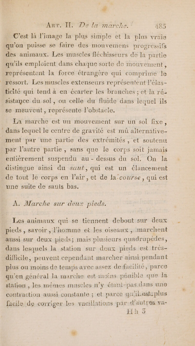+ Art. Il De la marche. 485 C’est là l’image la plus simple et la plus vraie qu’on puisse se faire des mouvemens progressifs des animaux. Les muscles fléchisseurs de 14 partie qu'ils emploient dans chaque sorte de mouvement, représentent la force étrangère qui comprime le ressort. Les muscles extenseurs représentent l’élas- .ticité qui tend a en écarter les branches ; et la rée sistance du sol, ou celle du fluide dans lequel ils se meuveut, représente l'obstacle. La marche est un mouvement sur un sol fixe, dans lequel le centre de gravité est mü alternative- ment par une partie des extrémités , et soutenu par l’autre partie, sans que Île corps soit jamais entièrement suspendu au - dessus du sol. On la distingue ainsi du saut, qui est un lancement de tout le corps en l’air , et de la:‘couwrse, qui est une suite de sauts bas. À. Marche sur deux pieds. Les animaux qui se tiennent debout sur deux pieds , savoir , l’homme et les oiseaux , marchent aussi sur deux pieds; mais plusieurs quadrupèdes, dans lesquels la station sur deux pieds est très- difficile, peuvent cependant marcher ainsi pendant plus ou moins de temps avec assez defacilité, parce qu’en général la marche est moins pénible que la station , les mêmes muscles n’y étantpas dans une contraction aussi constante ; et parce qa'lestplus facile de corriger les vacillations par:d’autrés va-