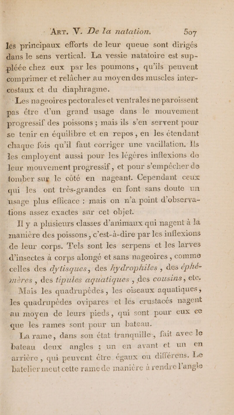 les principaux efforts de leur queue sont dirigés dans le sens vertical. La vessie natatoire est sup- pléée chez eux par les poumons, qu'ils peuvent comprimer et relicher au moyendes muscles inter- costaux et du diaphragme. Les nageoires pectoraleset ventrales ne paroissent pas être d’un grand usage dans le mouvement progressif des poissons ; mais ils s’en servent pour se tenir en équilibre et en repos, en les étendant chaque fois qu'il faut corriger une vacillation. Ils les employent aussi pour les légères inflexions de leur mouvement progressif , et pour s'empêcher de toruber sux le côté en nageant. Cependant ceux qui les ont très-grandes en font sans doute un msage plus efficace : mais on n’a point d’observa- tions assez exactes sûr cet objet. Il y a plusieurs classes d'animaux qui nagent à la manière des poissons , c’est-à-dire par les inflexions de leur corps. Tels sont les serpens et les larves d'insectes à corps alongé et sans nageoires , comme ” celles des dytisques, des hydrophiles , des éphé- mères , des tipules aquatiques , des cousins, etc. Mais les quadrupèdes, les oiseaux aquatiques ; les quadrupèdes ovipares et les crustacés nagent au moyen de leurs pieds, qui sont pour eux ce que les rames sont pour un bateau. La rame, dans son état tranquille, fait avec le bateau deux angles ; un en avant et un en arrière , qui peuvent être égaux ou diflérens. Le bateliermeut celte rame de manière à rendre Pangle