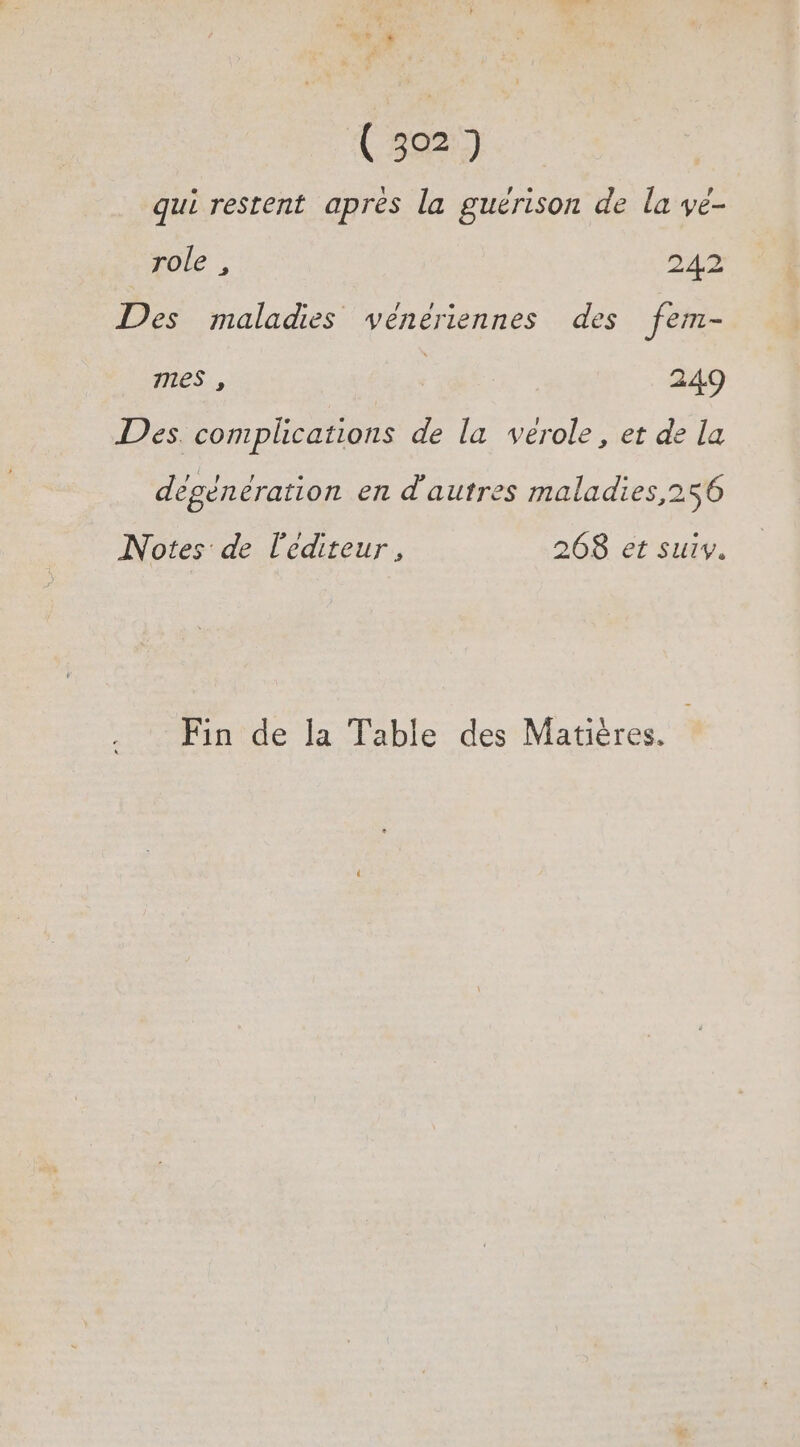 e \] P e ? qui restent apres la guérison de la ve- role , 242 Des maladies veénéeriennes des fem- mes , 249 Des. complcations de la verole, et de la degéneération en d'autres maladies,256 Notes de l'éditeur, 268 et suiv. Fin de la Table des Matières. à