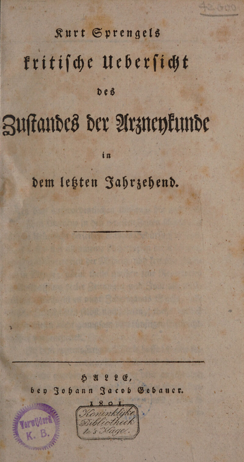 Kurt Sprengels tritiſche ueberſicht Zuſtandes er Sein dem letzten Jahrzehend. 1 ar . ap H A L 2 E, bey e Jacob Gebauer.