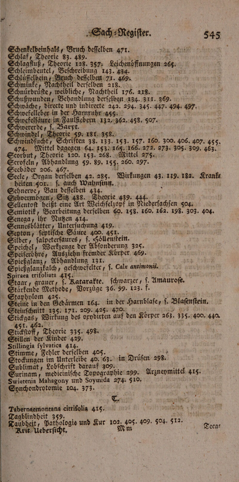 Schlaf, Theorie 83. 489. Schlagfluß, Theorie 128. 357. geichensfinungen 70. Schleimbeutel, Beſchreib 115 143. 434. Schluſſelbein“ Bruch deſſelben 71. 469. Aan minke Nachtheil rad 218. 0 Schnuͤrbruſte, weibliche, Nachtheil 176. 218. | Schwäche, die 5 derſelben 134. 311. 369. waͤche, directe und indirecte 242. 29 i 13 in der Harnruhr 3. * 3 205 Yes 1 7 Schwekel une in e 1355 362. 458,907. Schwende 1. RR 2 ER 181, 358. ne chriften 38. 133. 153. 157. 160. 300. 406. 407. 455. 474. Mittel dagegen 64. 153. 165. 166. 272. 273. 1285 309. 463. Scorbut, Theorie 120. 153. 268. Mittel 275. Serofeln, Abhandlung 59. 89. 153, 260. 297. Sek, d 206. a: W 7 eele, Organ derſelben 42. 285. irkungen 43. 119. 182. Krank heiten 501. ſ. auch Wahnſinn. Sehvermögen, Sitz 488. Theorie 439 Sellentoſt heißt eine Art Weichſelzopf in MNiederſachſen 504. 99 Semiotik, ee derſelben 60. 158. 160. 162. 198. 303. 404. iber ſeptiſche Säure 400. 451. ilber , ſalpeterſaures, 1. 1 syenttein. peichel , Berfgeuge der Abſonderung 325. Speiſeroͤhre, Ausziehn fremder Körper 469. Spießglanz, Abhandlung 131. 1500 . nzkalch, geſchwefelter , f. Calx antimoni iraea trifoliata 415. taar, grauer, f. Lakarakte. ſchwarzer, s. Amauroſe. Starkende Methode, Vorzüge 36. 99. 123. f. Staphylom 425. Steine in den Gedaͤrmen 164. 1 a Harnblaſe, . Blafenfein. Steinſchnitt 135: 171. 209. 428. 3 Wirkung des orydirten uf den Körper 263. 335. 400. 440. off f Theorie 335. 498. tillen der Kinder 429. Agia ſylvatica 414. Stimme, Fehler derſelben 405. Stockungen im Unterleibe 40. 63. in Drüsen 298. Sublimat, Lobſchrift darauf 309. Surinam, medieiniſche Topographie 299. Arznepmitteſ 115. Swietenia Mahagony und Soymida 274. 510. bondpstopie 104. 373. ‚Ag f a \ 115 e 1 1 eitrifolia 415. u n 359 Taubheit; Pathologie und Kur W 409. 504. 513. Krit eberſicht. Teca⸗